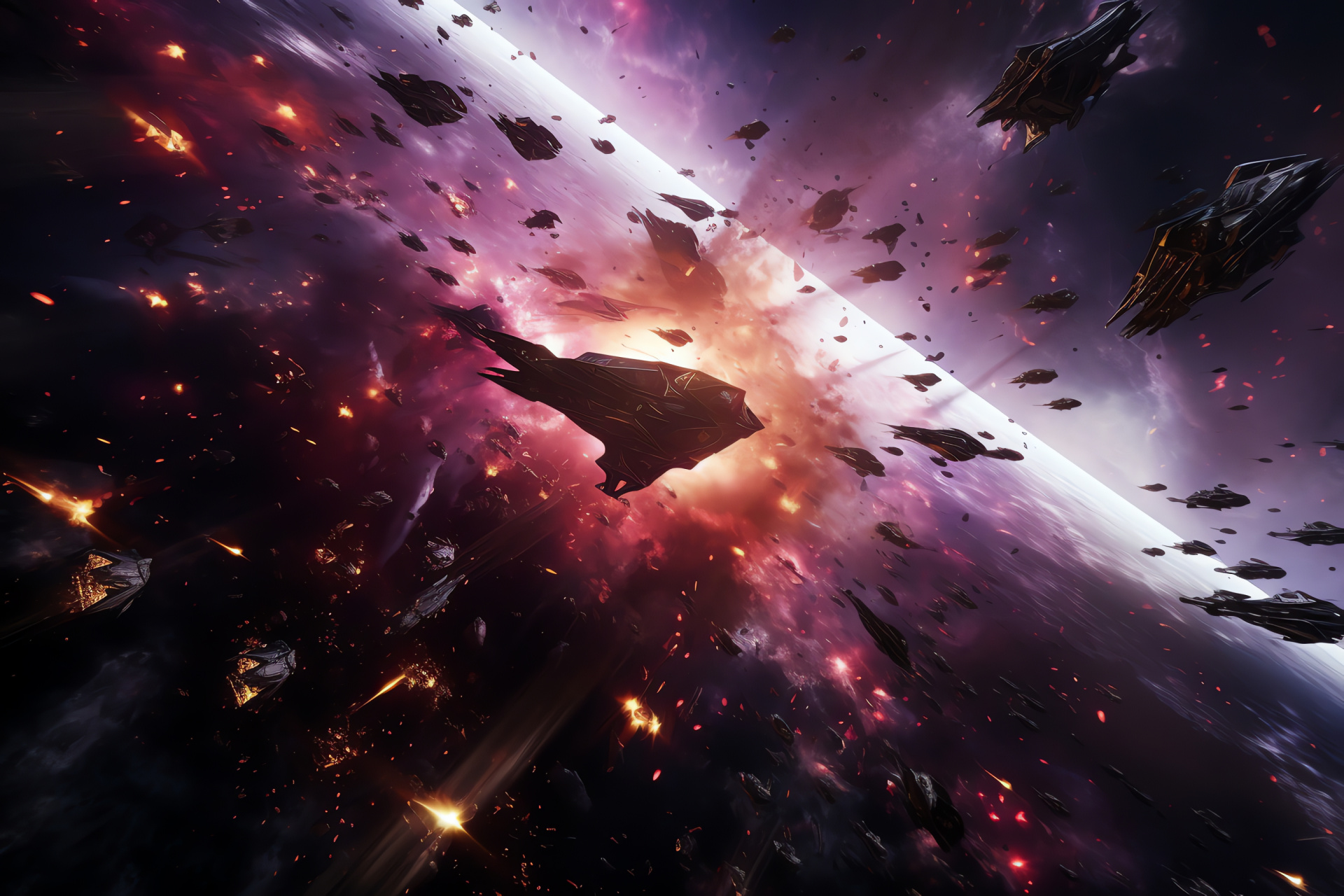 Grandiose space conflict, Explosive stellar collisions, Cosmic-scale impact, Aerial combat depiction, Majestic space clash, HD Desktop Wallpaper