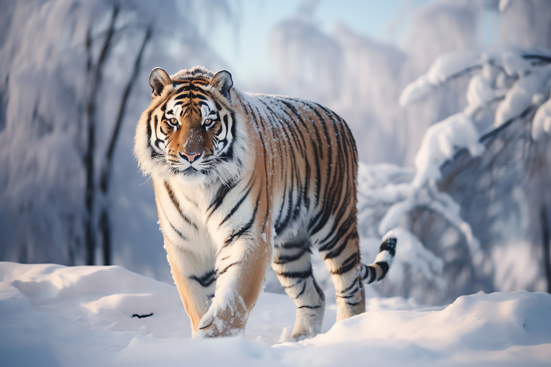 Winter Tiger portrait, Seasonal cold climate, Thick mammal hair, White frosted surroundings, Arctic animal scene, HD Desktop Wallpaper