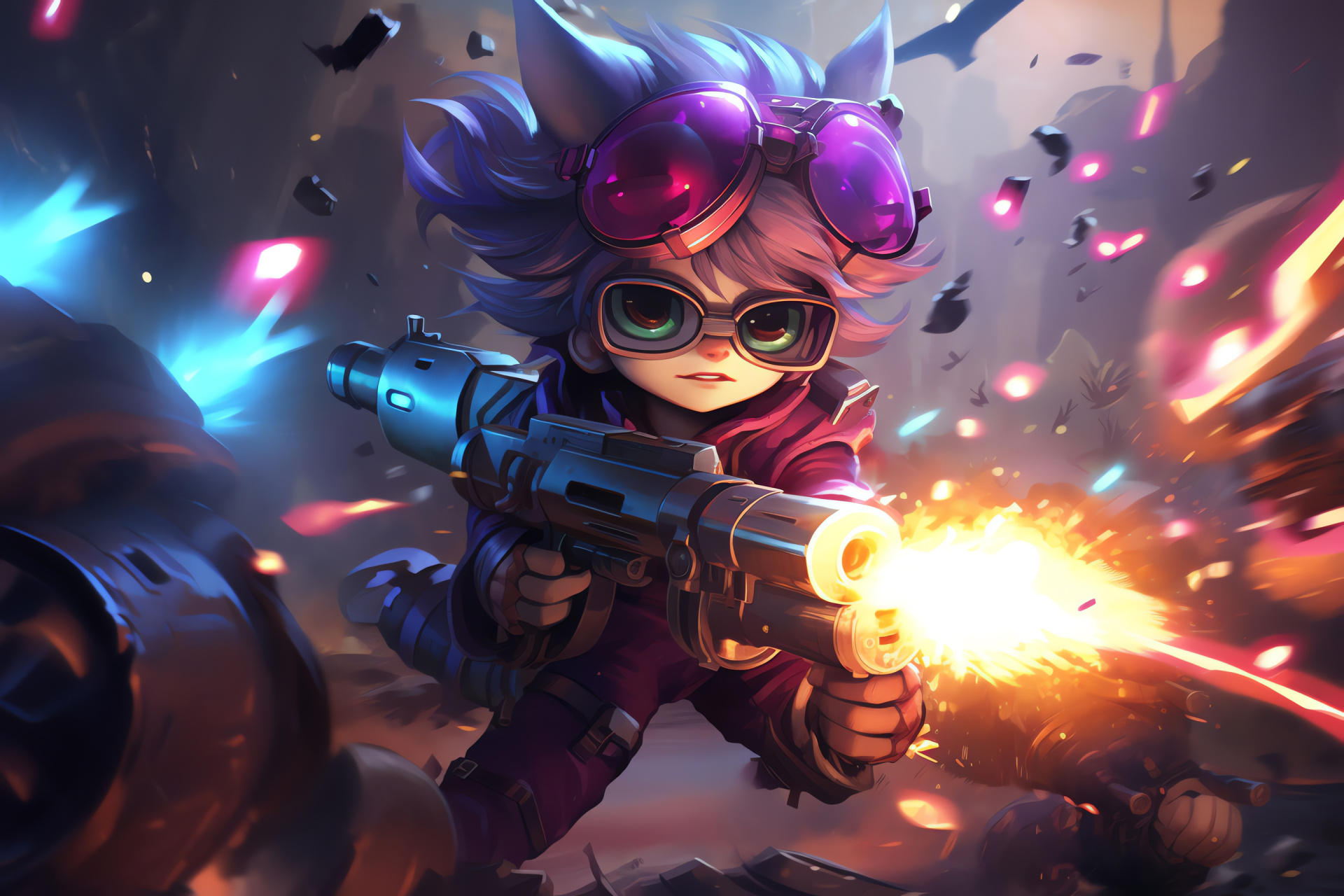 Tristana's daring leap, Rocket-propelled agility, Yordle Gunner in-flight, Shimmering light trails, Vibrant eSports animation, HD Desktop Image