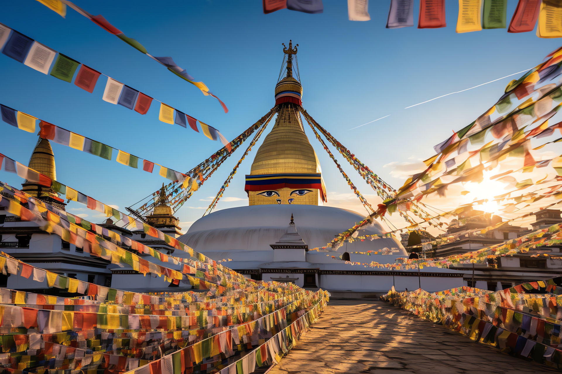 Boudhanath Stupa majesty, Kathmandu spiritual site, Nepalese cultural landmark, vibrant Buddhist flags, religious monument, HD Desktop Wallpaper