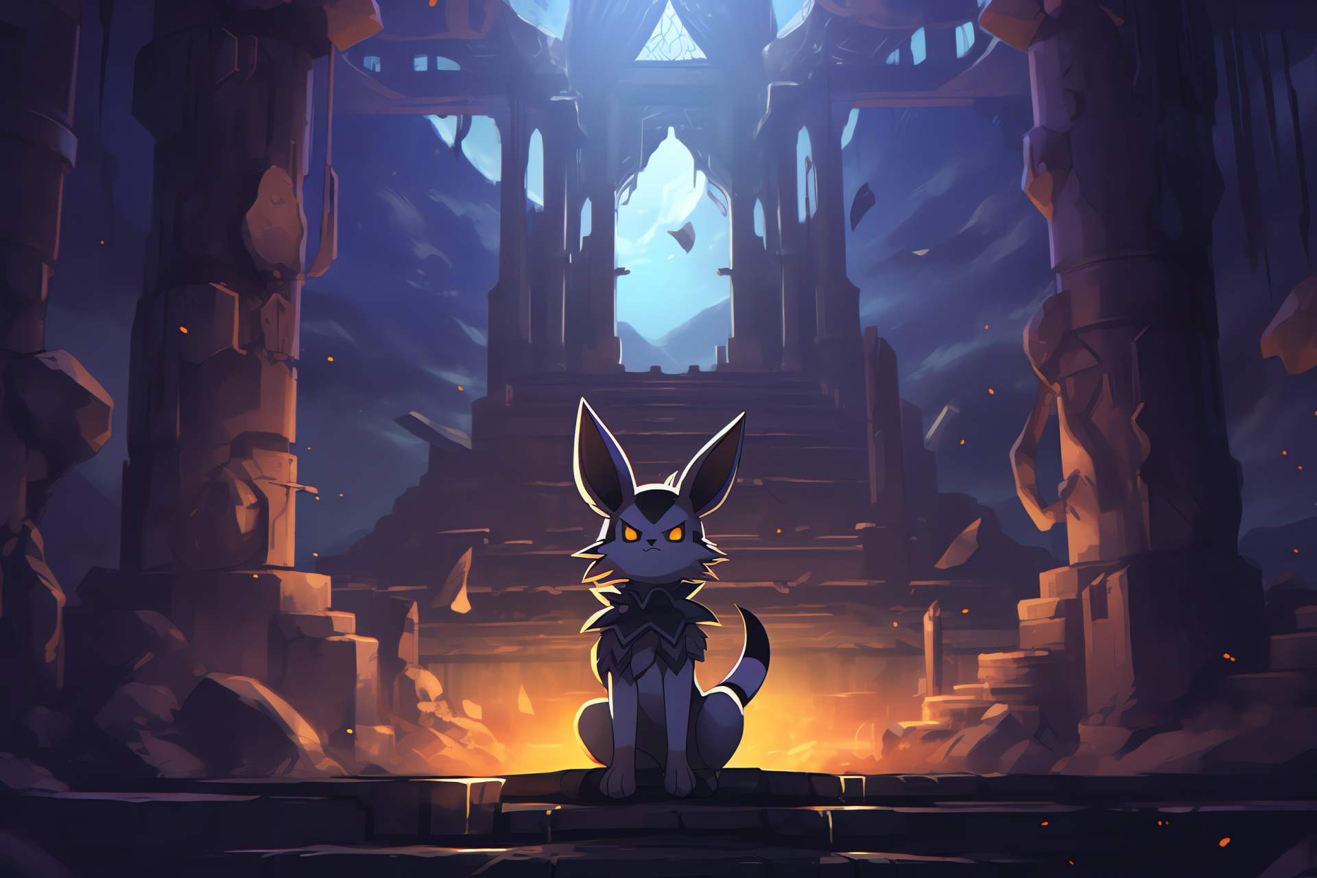 Umbreon Pokmon appearance, Digital gaming creation, Ancient ruins exploration, Mysterious temple setting, Pillar relics, HD Desktop Image