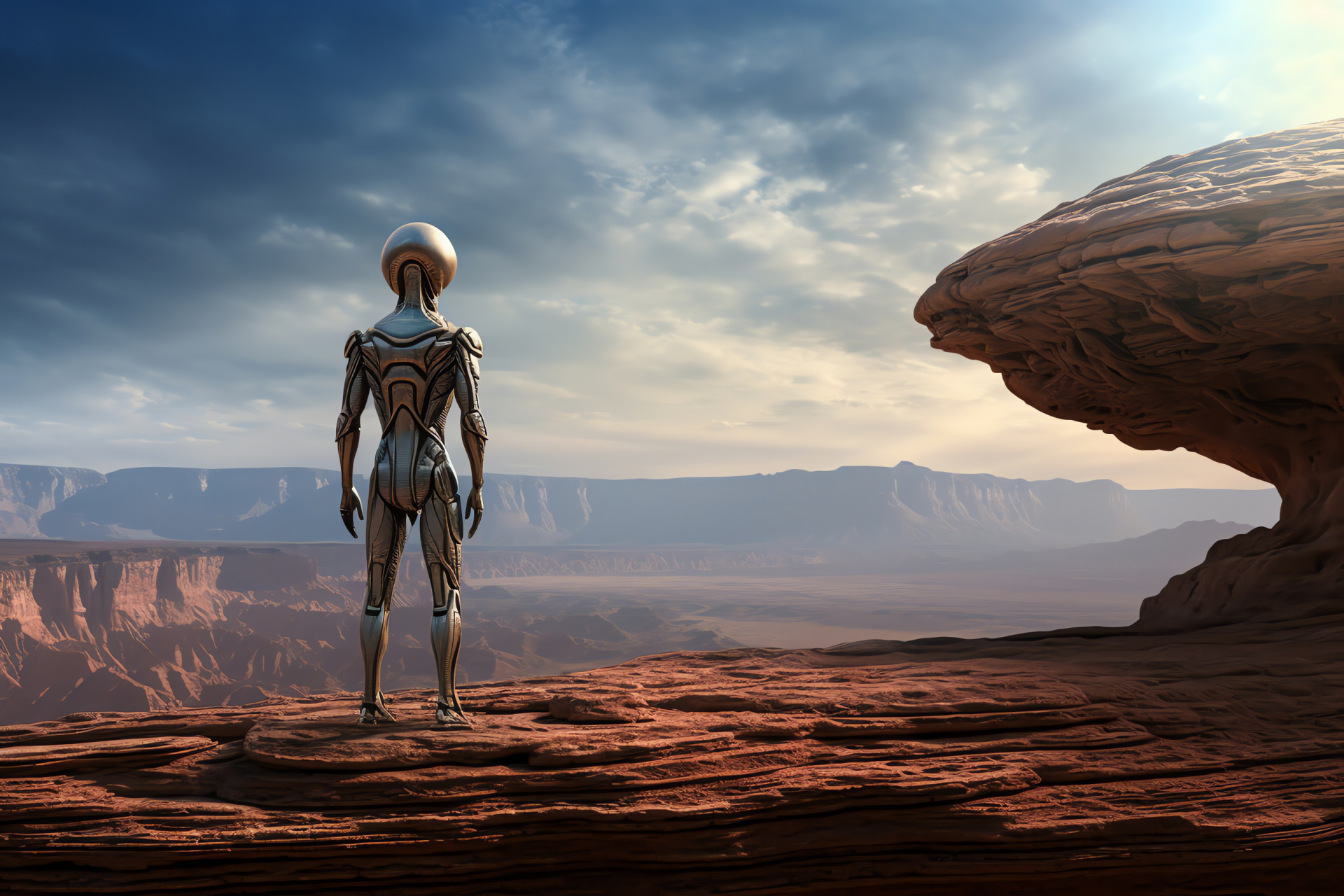 Martian overlook, Solitary alien figure, Extraterrestrial terrain, Geological vantage, Planetary survey, HD Desktop Wallpaper