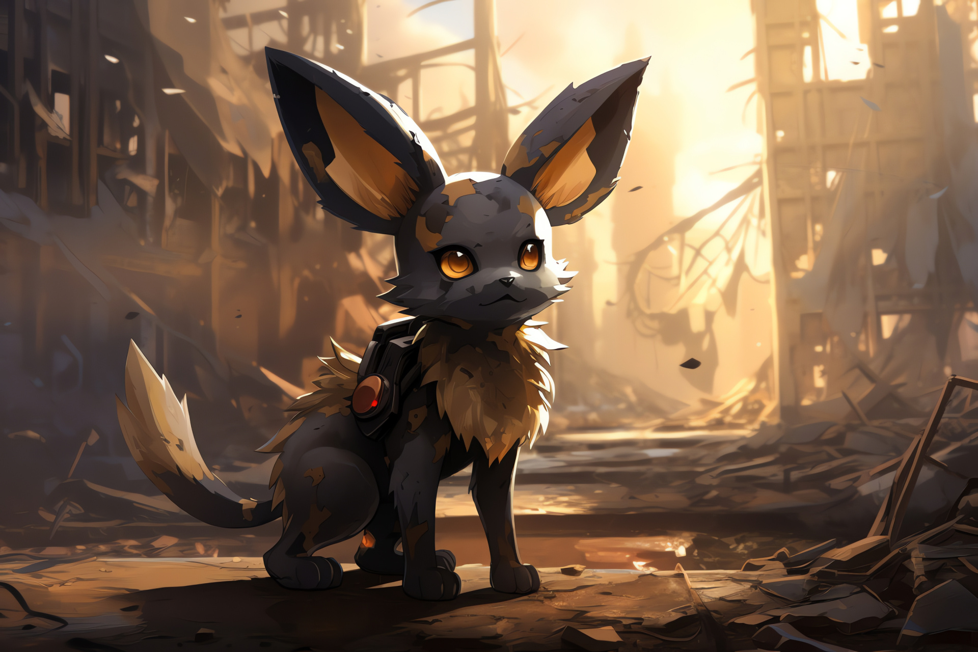 Apocalyptic Umbreon, Desolate landscapes, Faded structures, Earthy palette, Ruined territory, HD Desktop Wallpaper