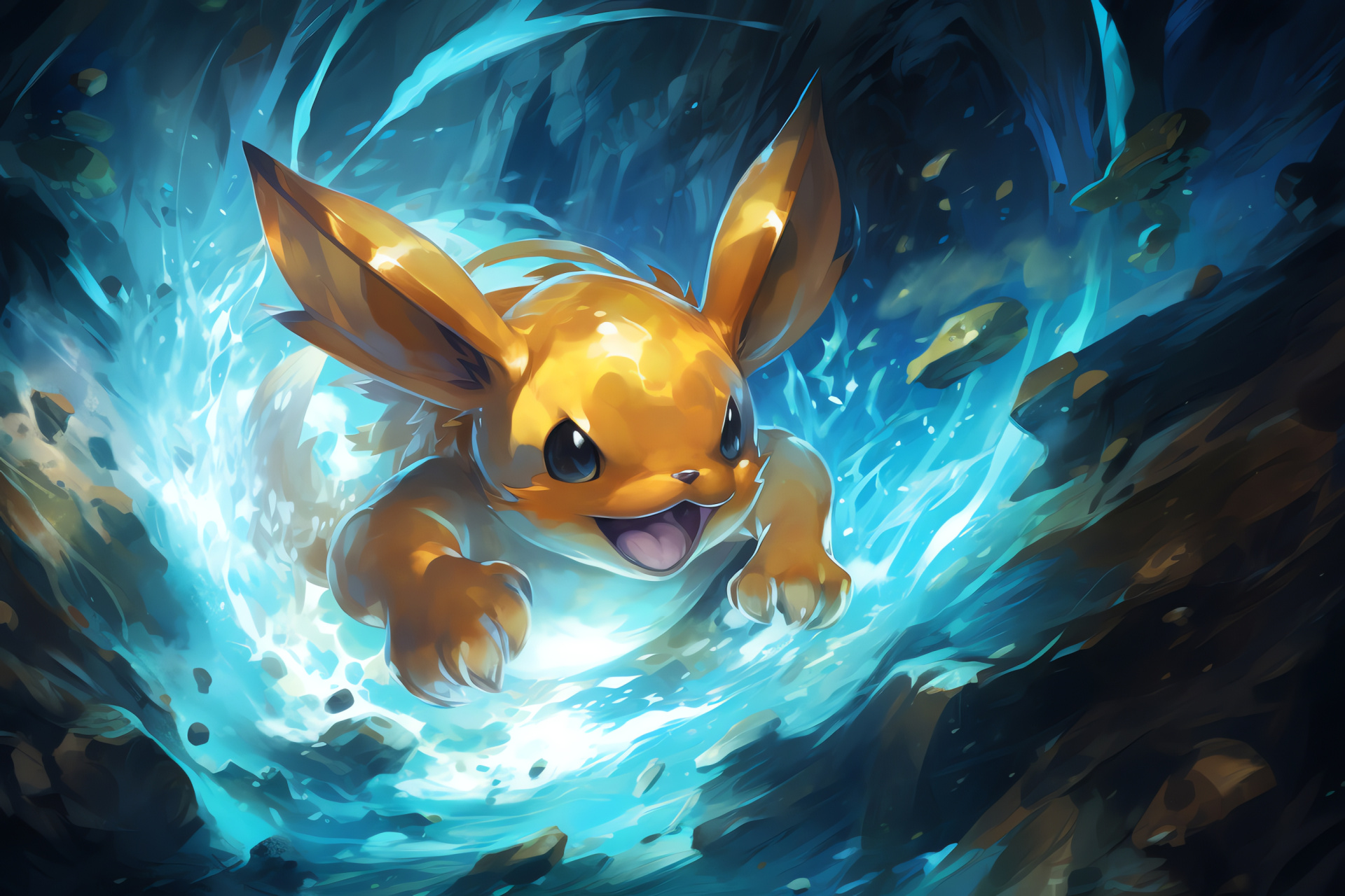 Electric type Pokmon, cavern habitat, mineral glow, fantasy ecosystem, azure luminescence, HD Desktop Image