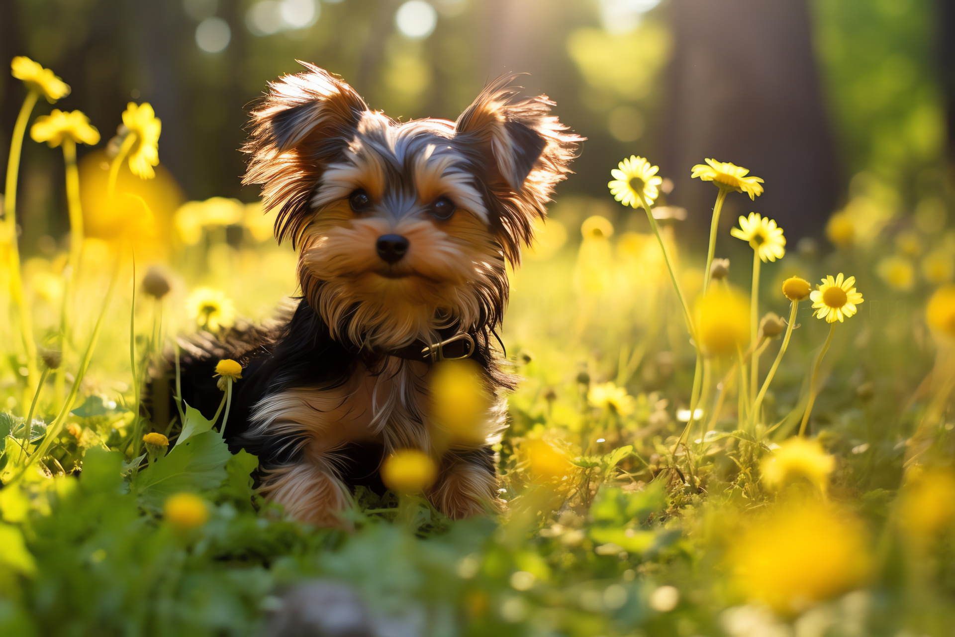 Brown-eyed puppy, Long-haired canine, Yorkshire terrier breed, Floral setting, Portrait in nature, HD Desktop Image