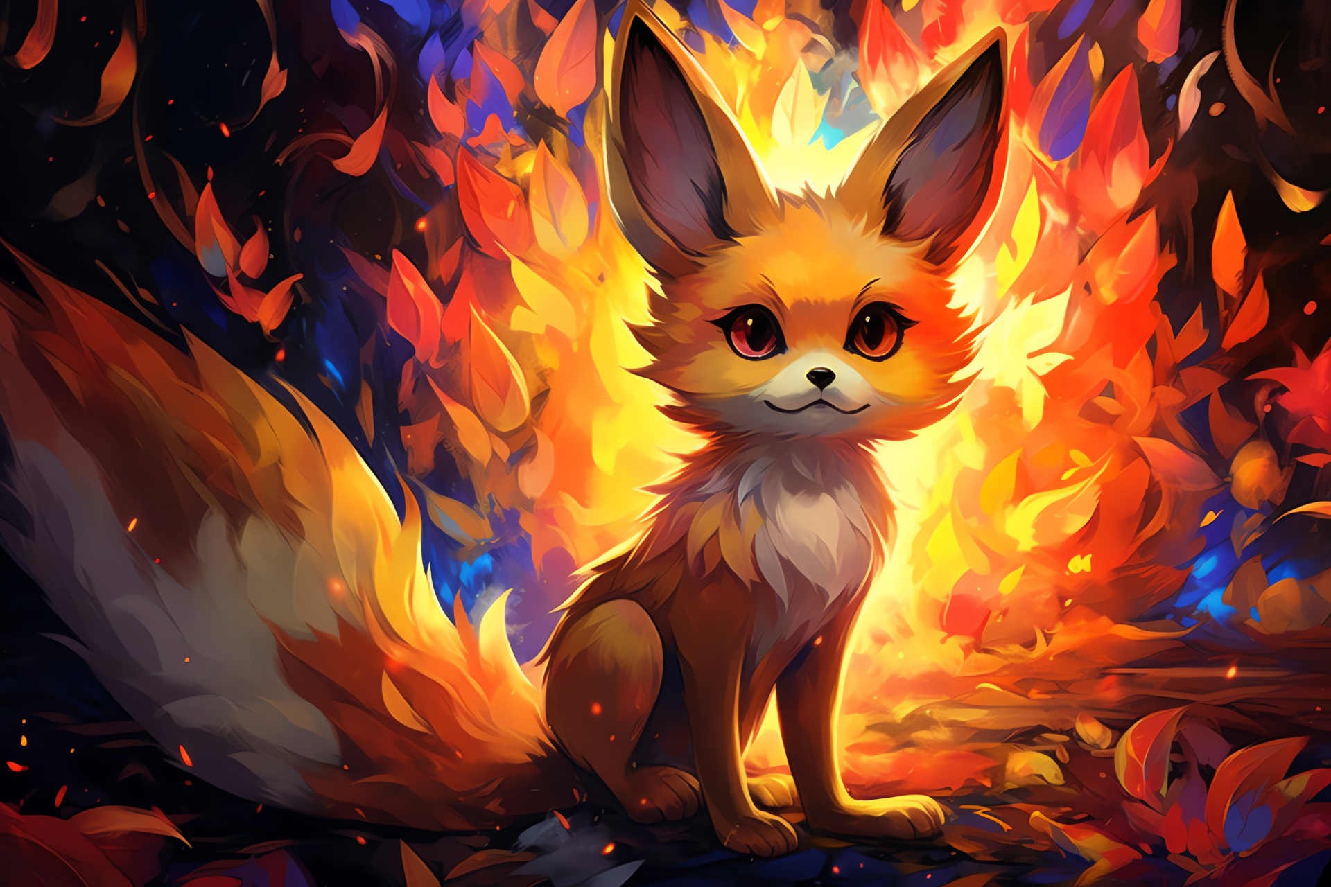 Flame-centric Fennekin, orange pelage, sapphire opticals, combustion aura, fire-type species, HD Desktop Image