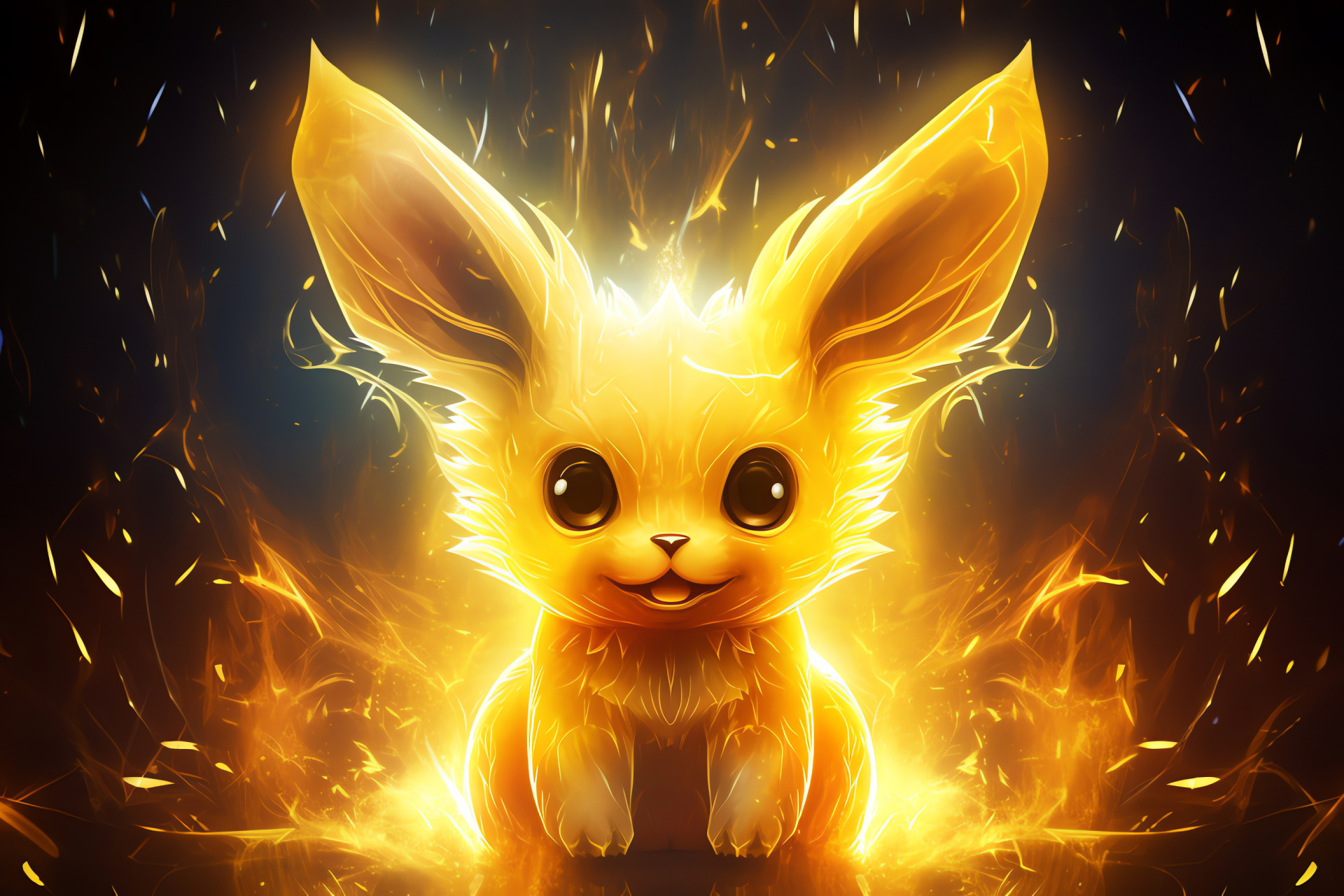 Raichu depiction, effulgent fur, spectral tints, energetic pose, fantasy creature, HD Desktop Image