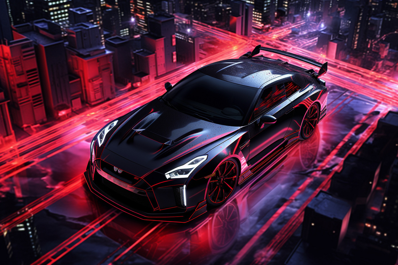 Nissan GT-R Nismo, Neon-lit cityscape, Bird-eye automotive angle, Vibrant urban streets, Red and black car design, HD Desktop Image