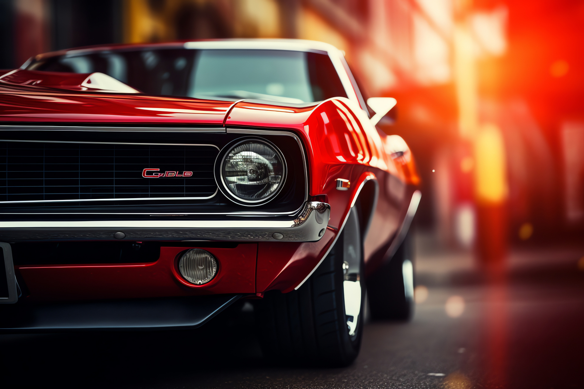 Muscle car detail, Focused closeup, Monochromatic red, Machine power, Automotive strength, HD Desktop Wallpaper