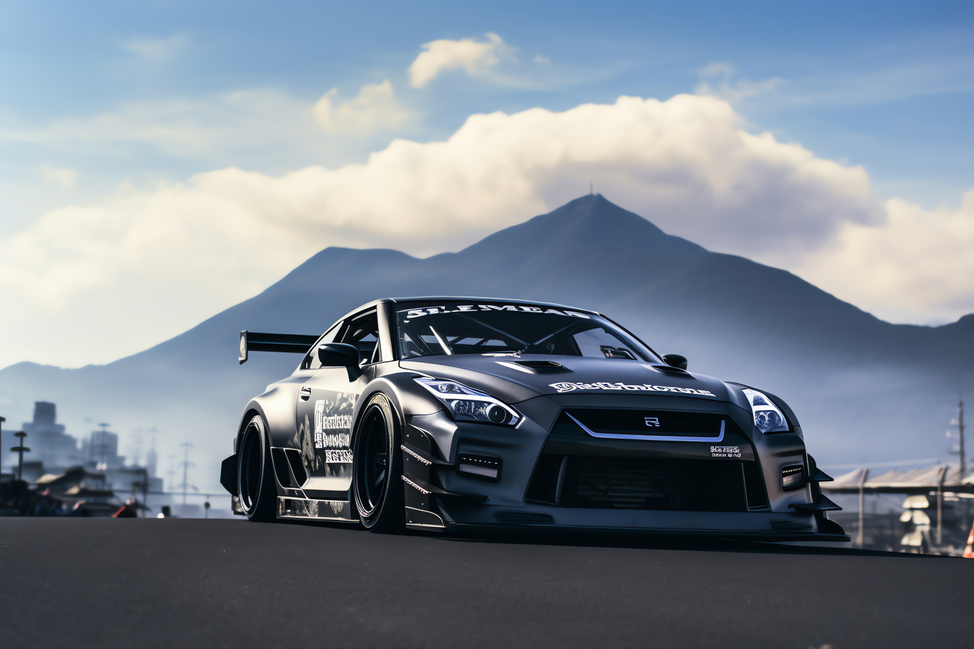 Nissan GTR Liberty Walk at Fuji, Aeriel vehicle shot, Iconic Japanese volcano, High-speed tire performance, Track day smoke, HD Desktop Image