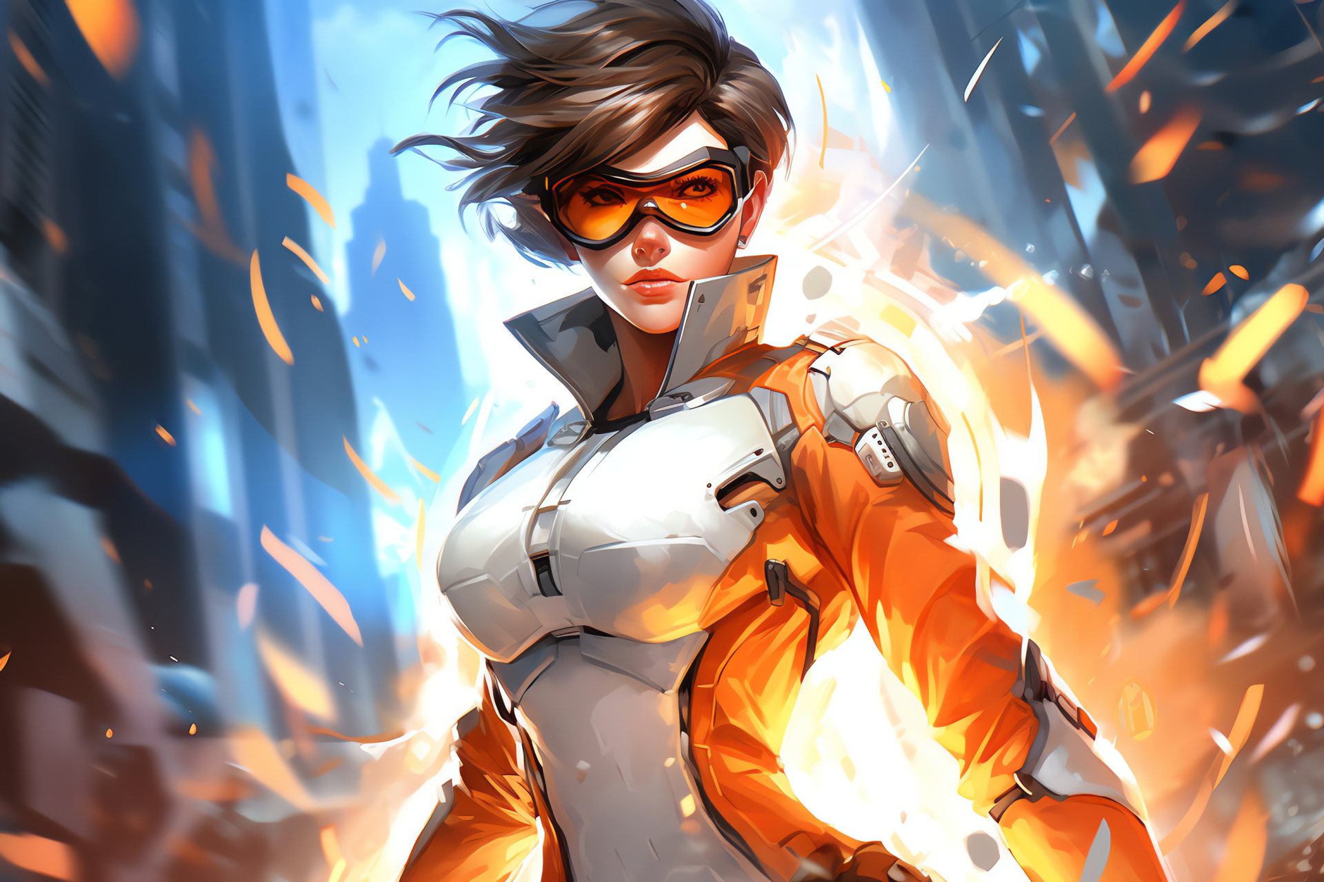 Overwatch battlefield, Tracer agility, Game character arsenal, Dual pistols, Graphic color contrasts, HD Desktop Image