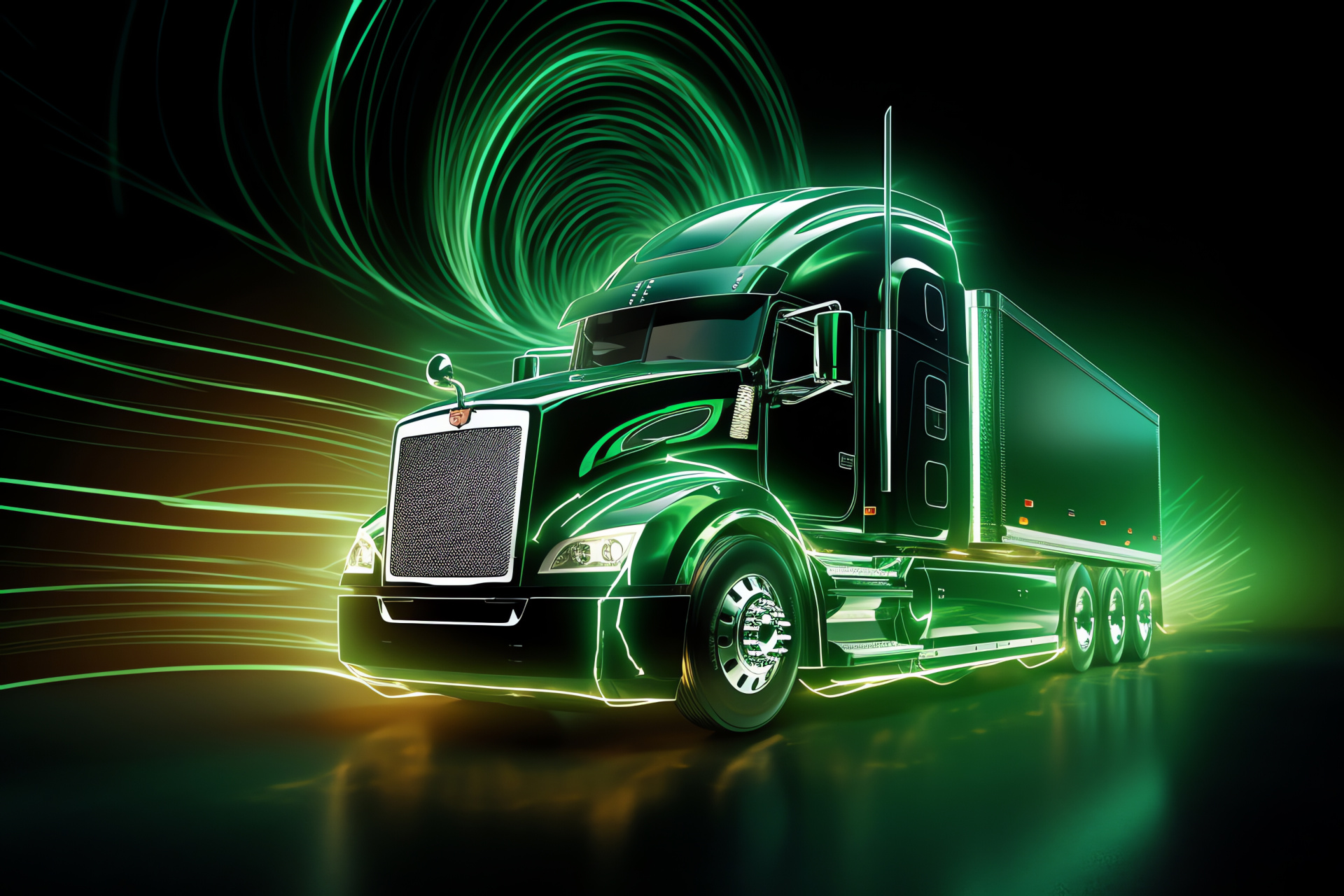 Peterbilt truck insignia, Illuminated swirl backdrop, Aerial logo angle, Circular light design, Heavy-duty transport, HD Desktop Wallpaper