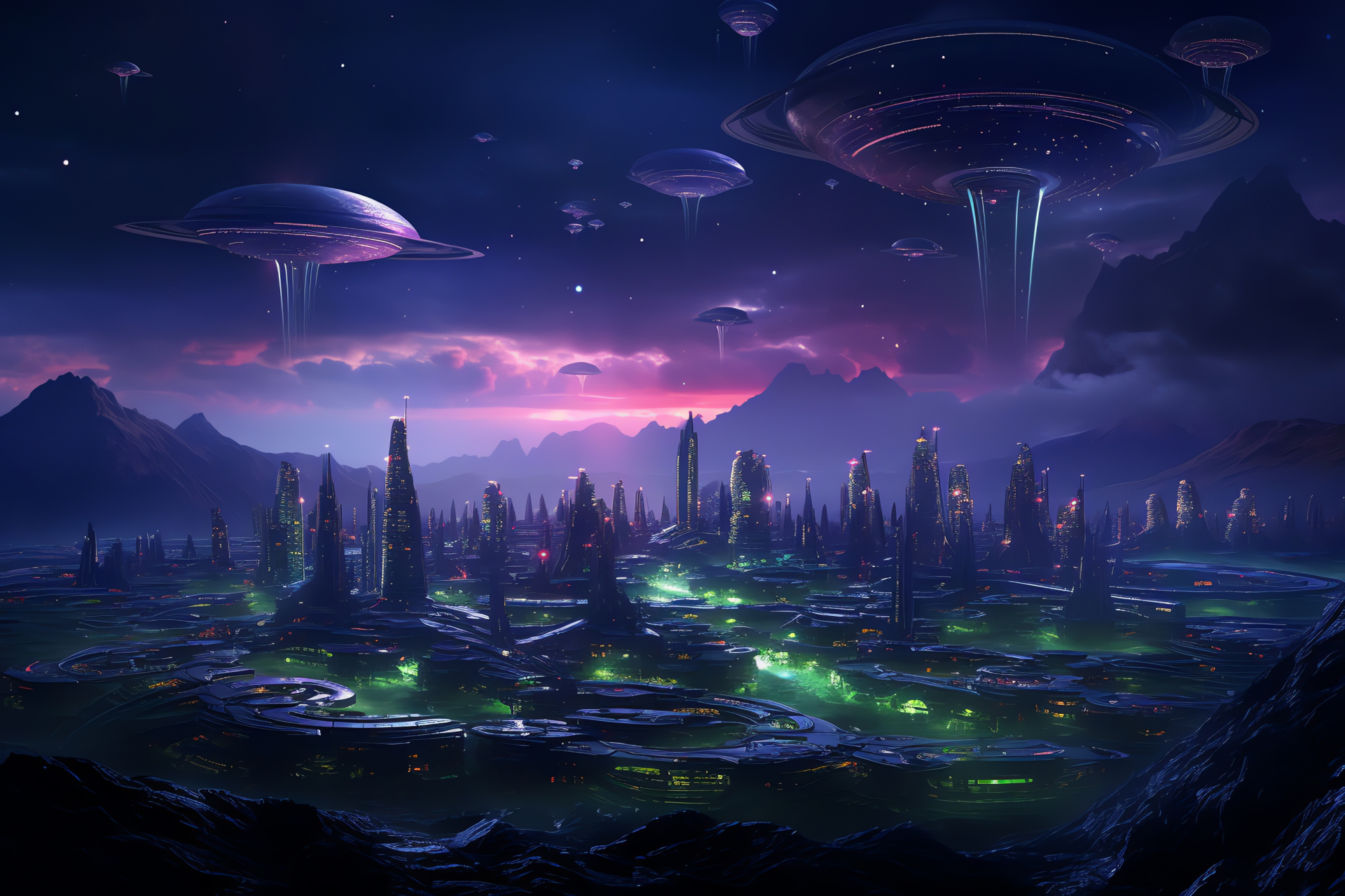 Extraterrestrial craft, Otherworldly civilization, Distant worlds, Speculative fiction, Bright emissions, HD Desktop Wallpaper