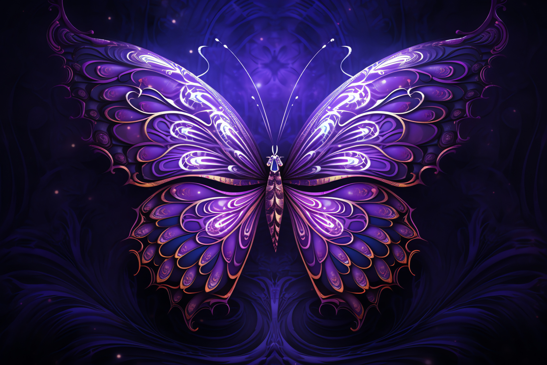 Purple butterfly elegance, flight pattern marvel, fragility of nature, pollination agent, wing beauty, HD Desktop Image