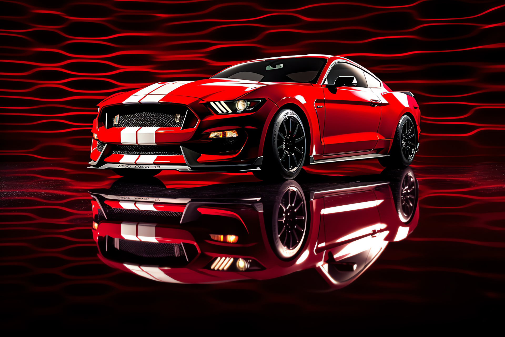 Ford Mustang GT350, vibrant red shine, commanding stance, captivating intensity, powerful silhouette, HD Desktop Wallpaper