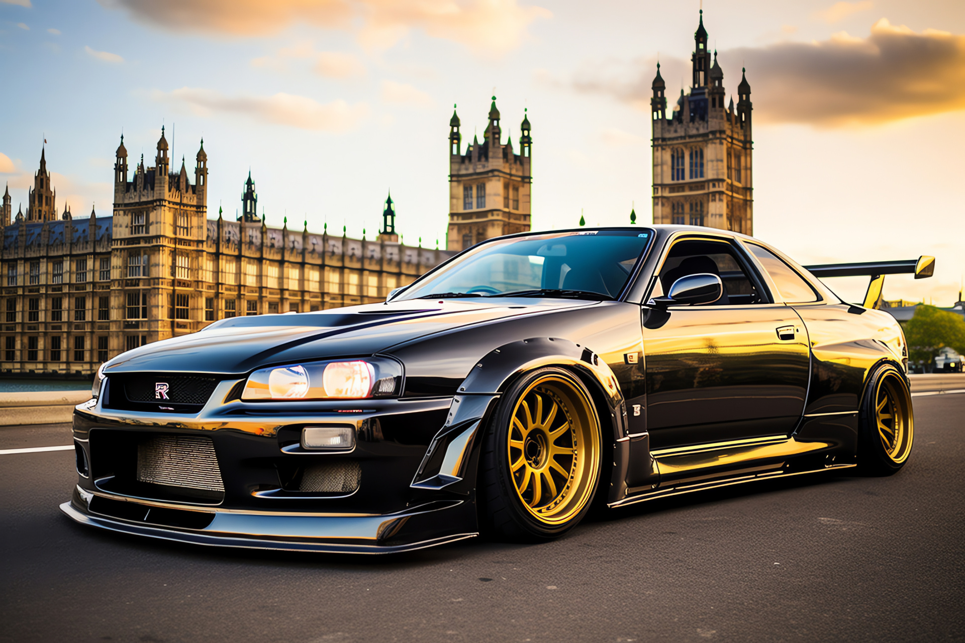 Nissan Skyline GTR R33, London scenery, Iconic Big Ben reference, Historic Tower Bridge, Ground level shot, HD Desktop Image