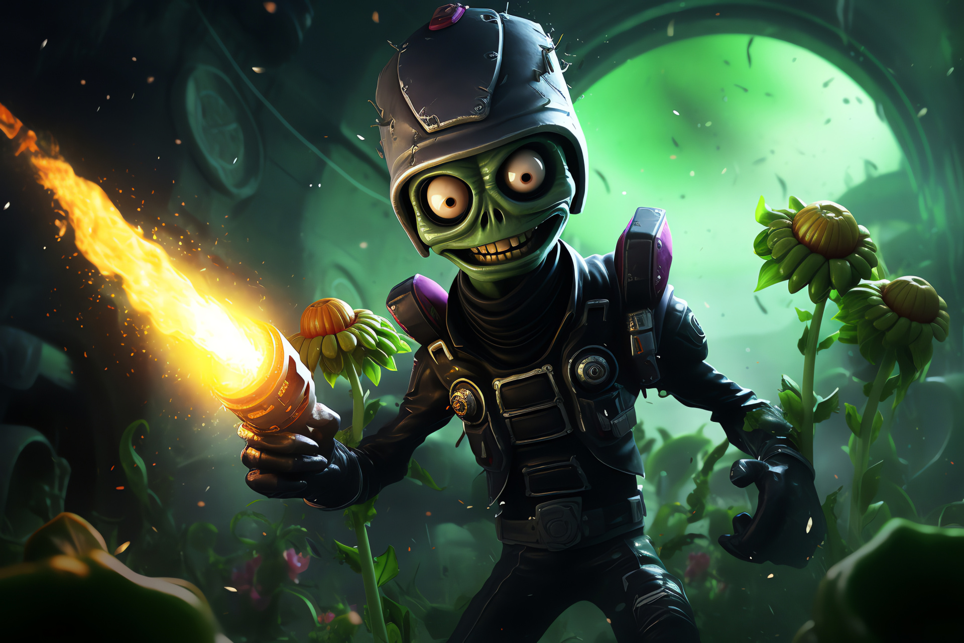 Pvz Garden Warfare character, All-Star Zombie, imposing stance, Football Cannon weapon, contrasting backdrop, HD Desktop Image