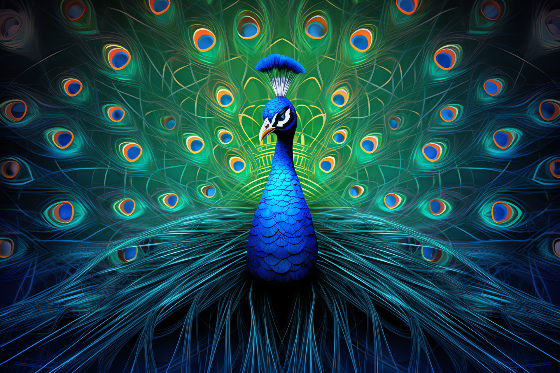 Peafowl majestic pose, iridescent plumage, bird of paradise, avian elegance, feather texture, HD Desktop Wallpaper