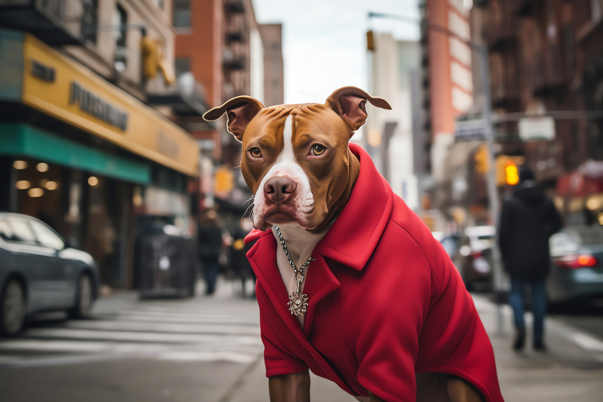 Street Pitbull, Red Coat Dog, City Canine, Confident Stance, Urban Animal, HD Desktop Image