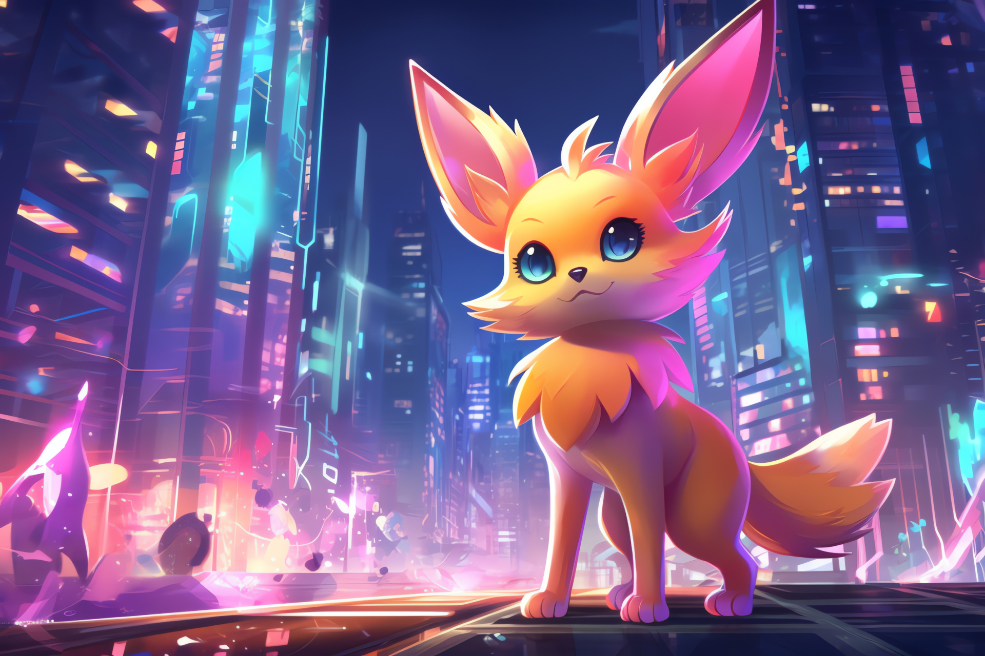 Pokemon Fennekin, Urban setting, Lumiose inspiration, High-rise backdrop, Evening illumination, HD Desktop Wallpaper