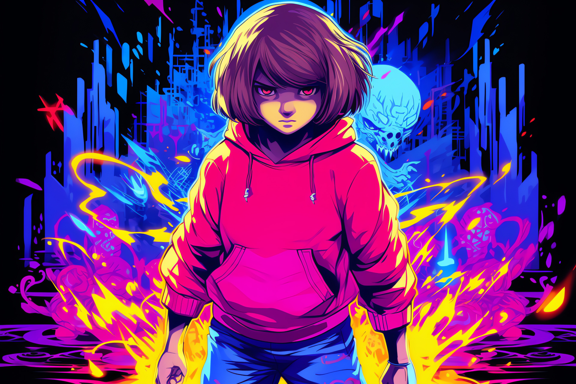 Blue-eyed Frisk, Determined youth, Undertale protagonist, Youthful adventurer, Casual attire, HD Desktop Wallpaper