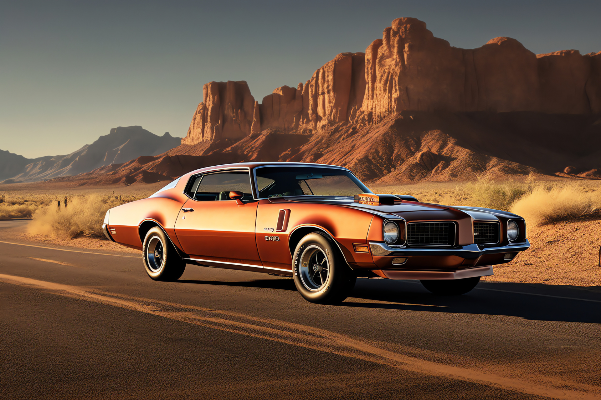 Firebird Trans Am, Desert asphalt, Classic Americana, Rugged hills afar, Highway nostalgia, HD Desktop Wallpaper