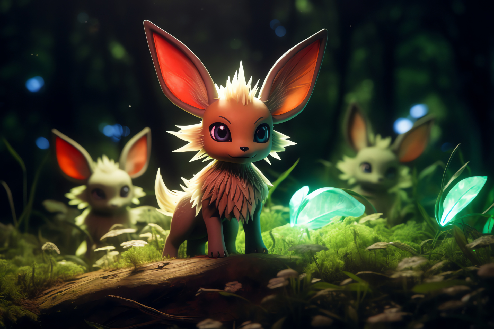 Pokemon Leafeon, Verdant pelt, Grass-species, Bright-eyed character, Morning dew, HD Desktop Wallpaper