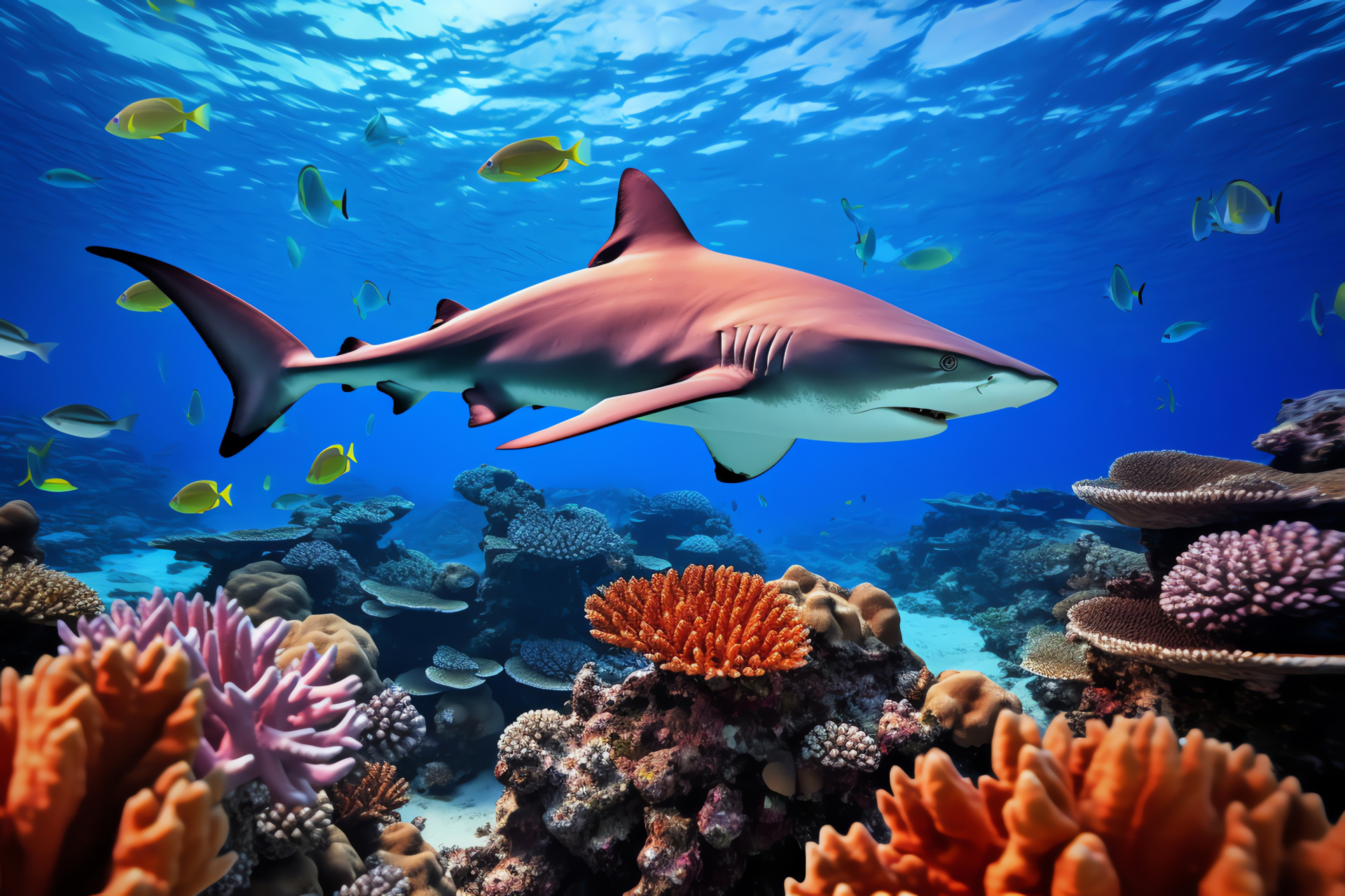 Reef custodian shark, coral marine life, undersea tour, multicolored aquatic space, predator swim, HD Desktop Wallpaper