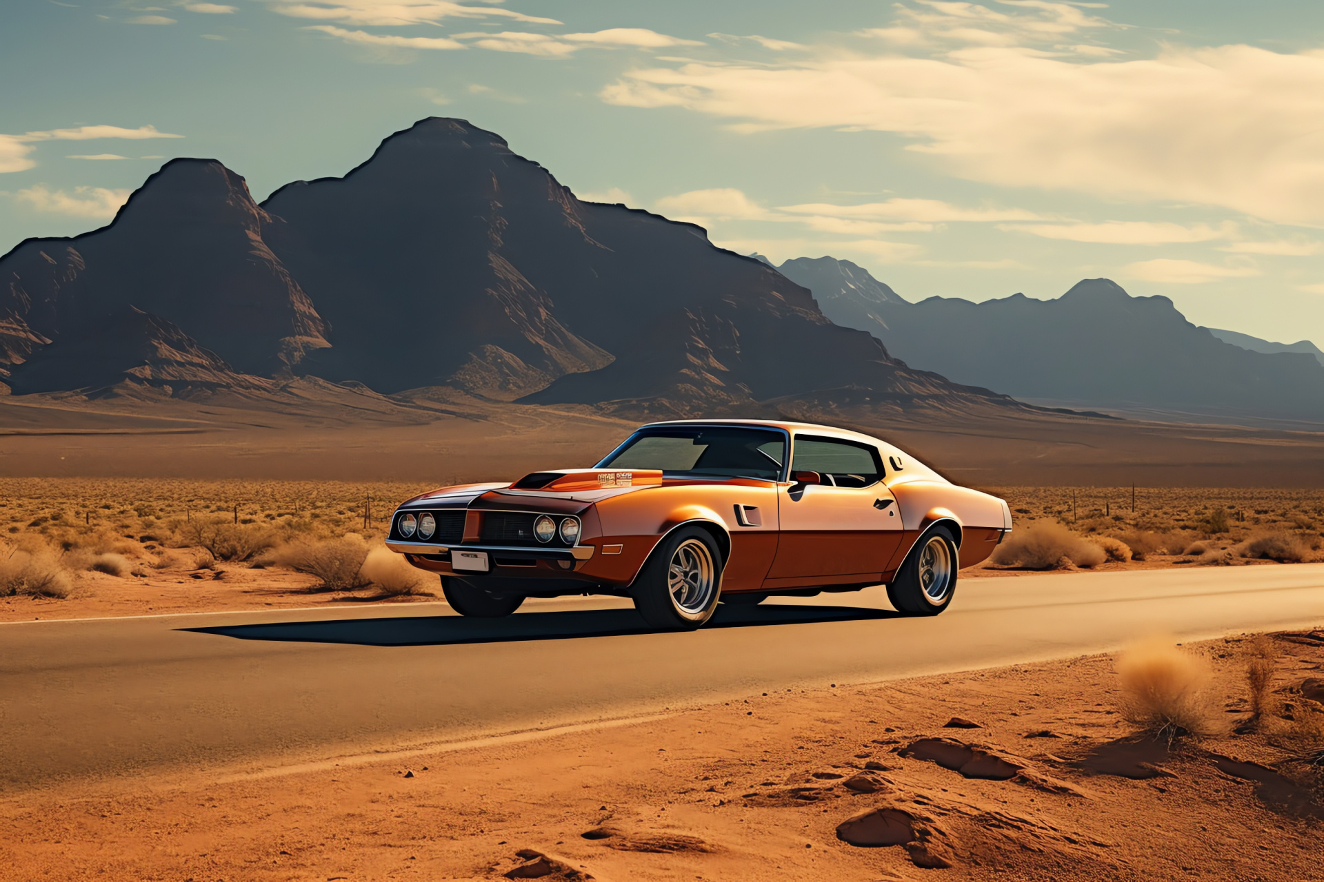 Classic Muscle Car, Pontiac Firebird Trans Am, Desert road trip, Western American scenery, Mountain backdrop, HD Desktop Image