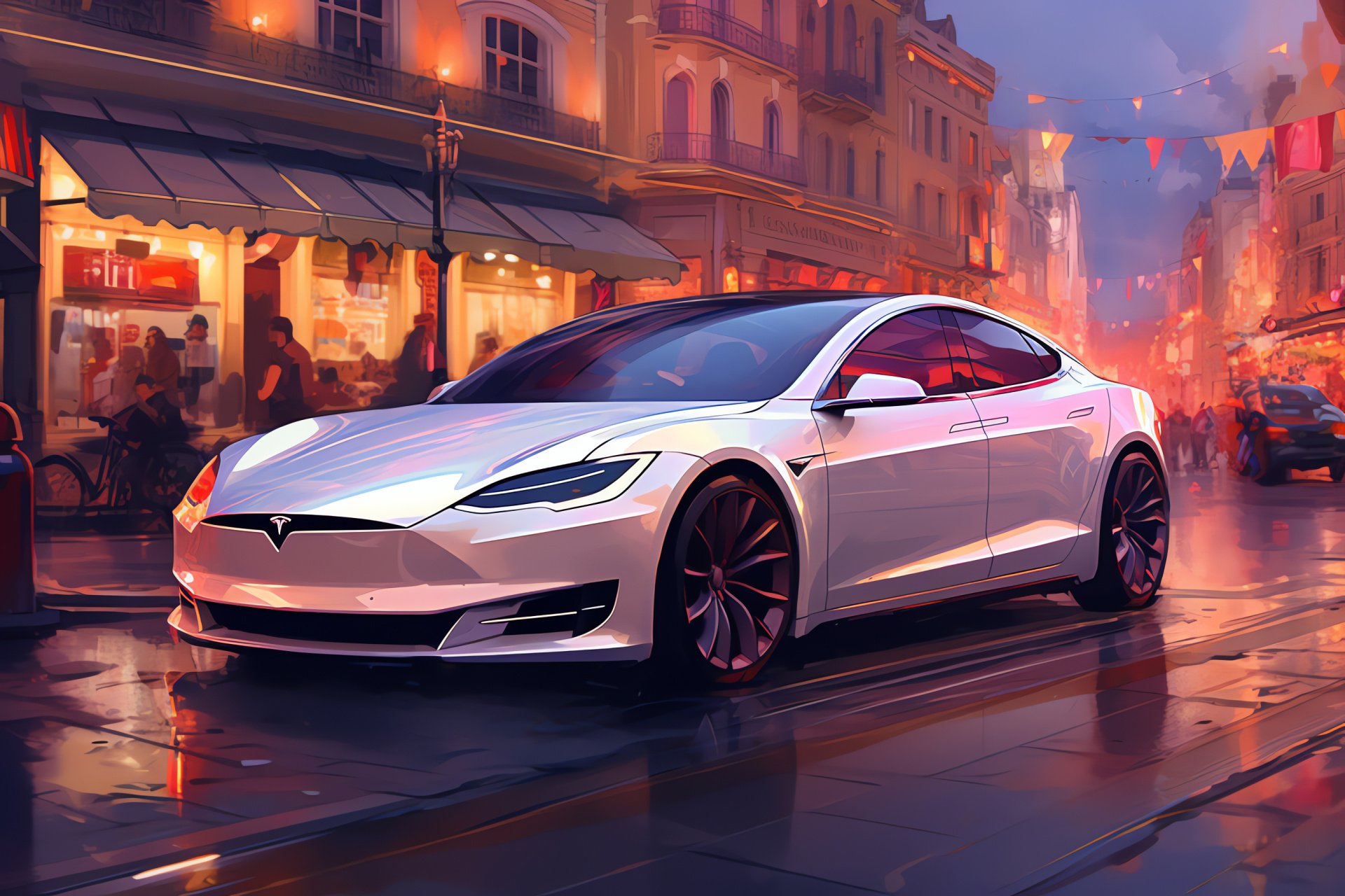 Tesla Model P prototype, Urban environment, Central street position, White finish, Electric luxury, HD Desktop Wallpaper