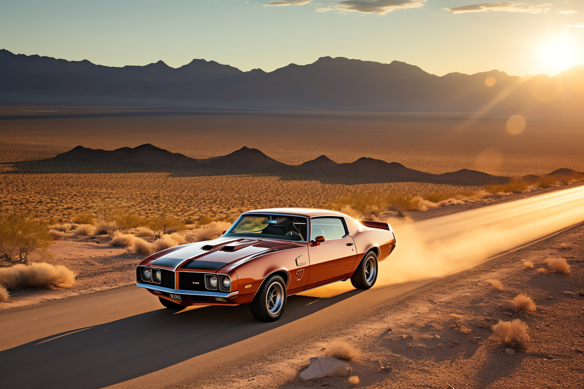 Pontiac Firebird Trans Am, American muscle car, Arid highway drive, Retro automobile, Mountainous horizon, HD Desktop Image