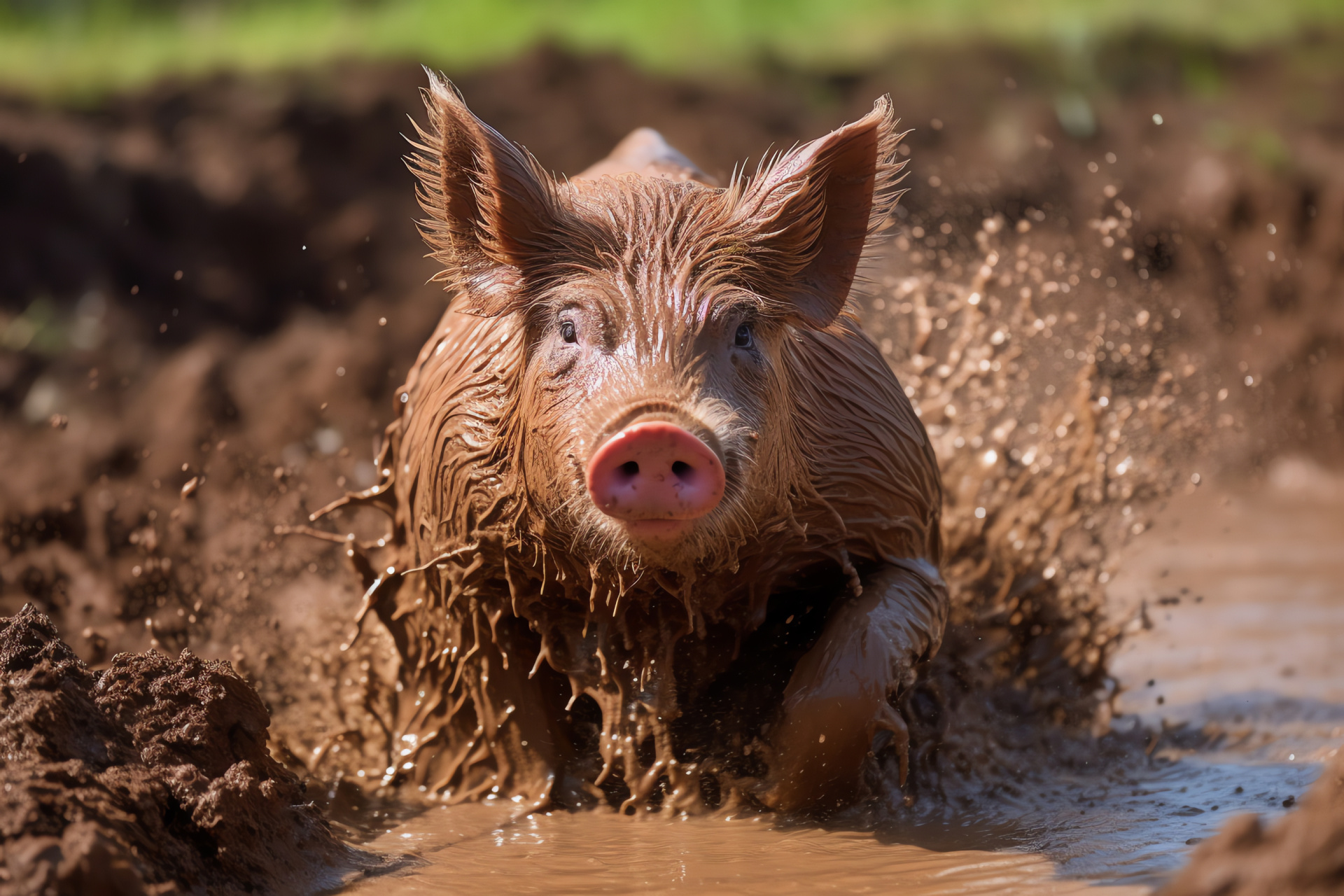 Duroc pig breed, reddish-brown fur, playful farm animal, pastoral life, porcine character, HD Desktop Wallpaper