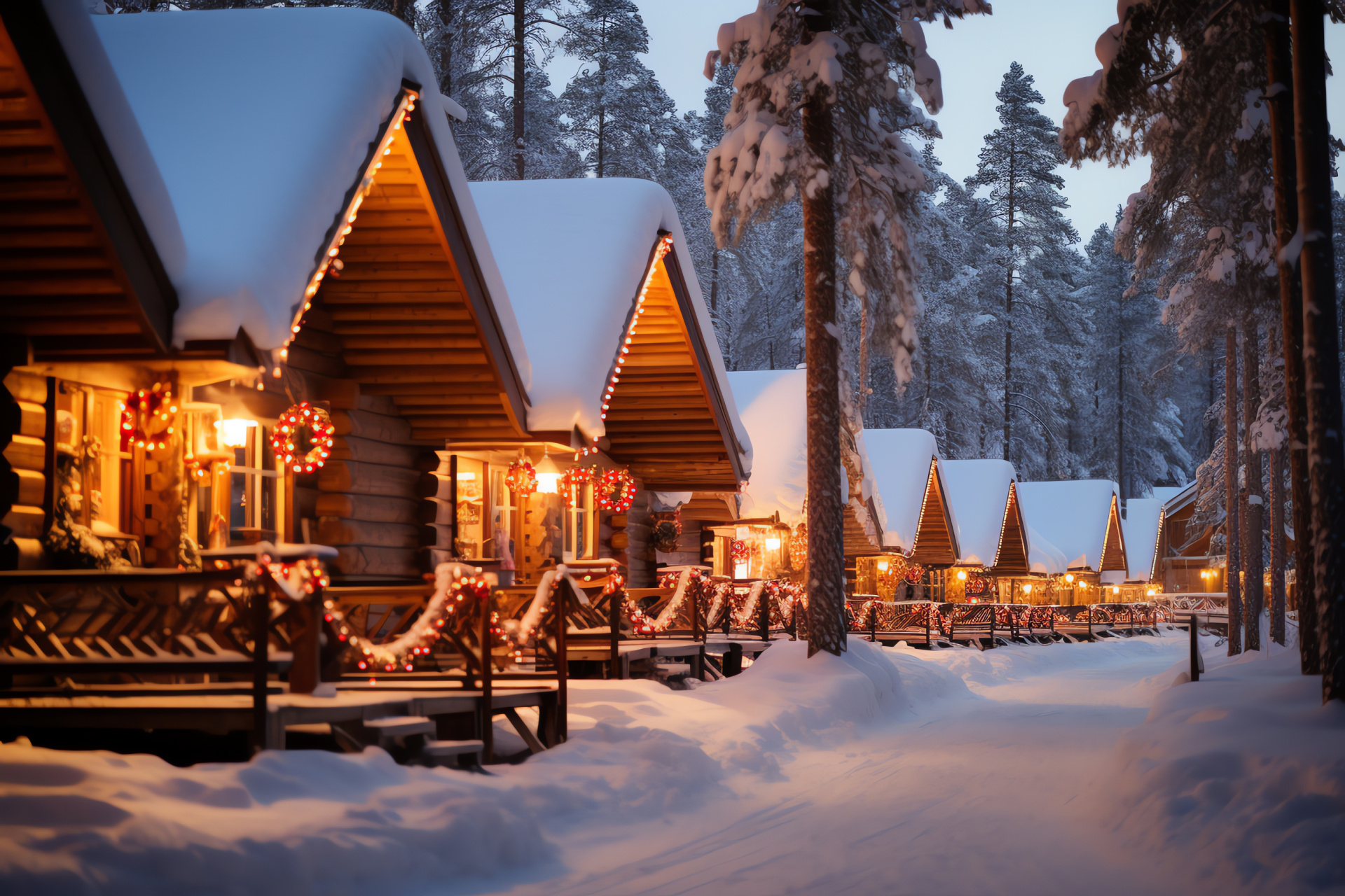 Arctic Circle festivities, Finnish Lappish village, home of Santa, charming log dwellings, subarctic holiday locale, HD Desktop Wallpaper