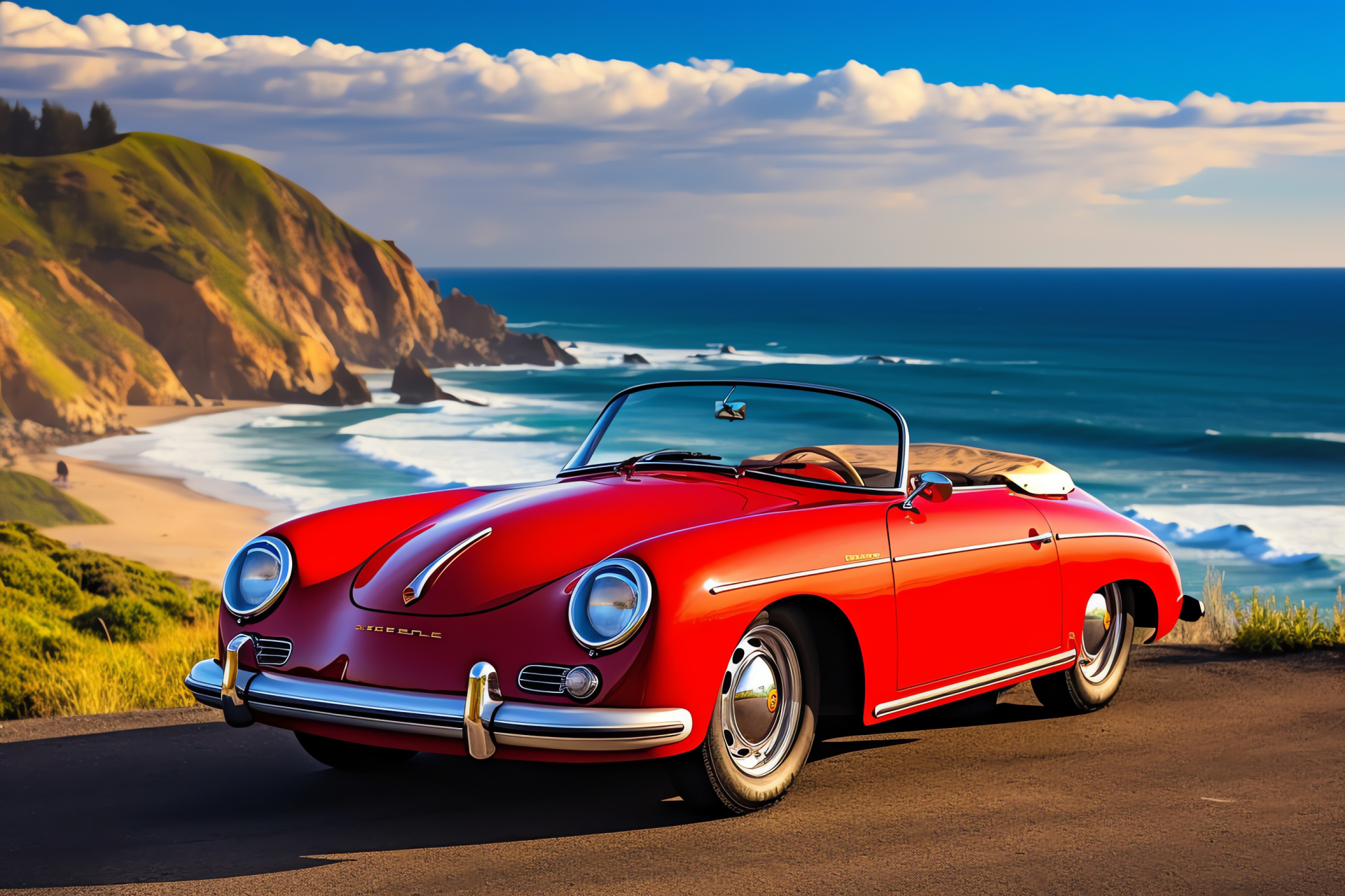 Porsche 356 at Great Ocean Road, Candy red finish, Australian coastal journey, Clifftop views, Seaside prestige, HD Desktop Image