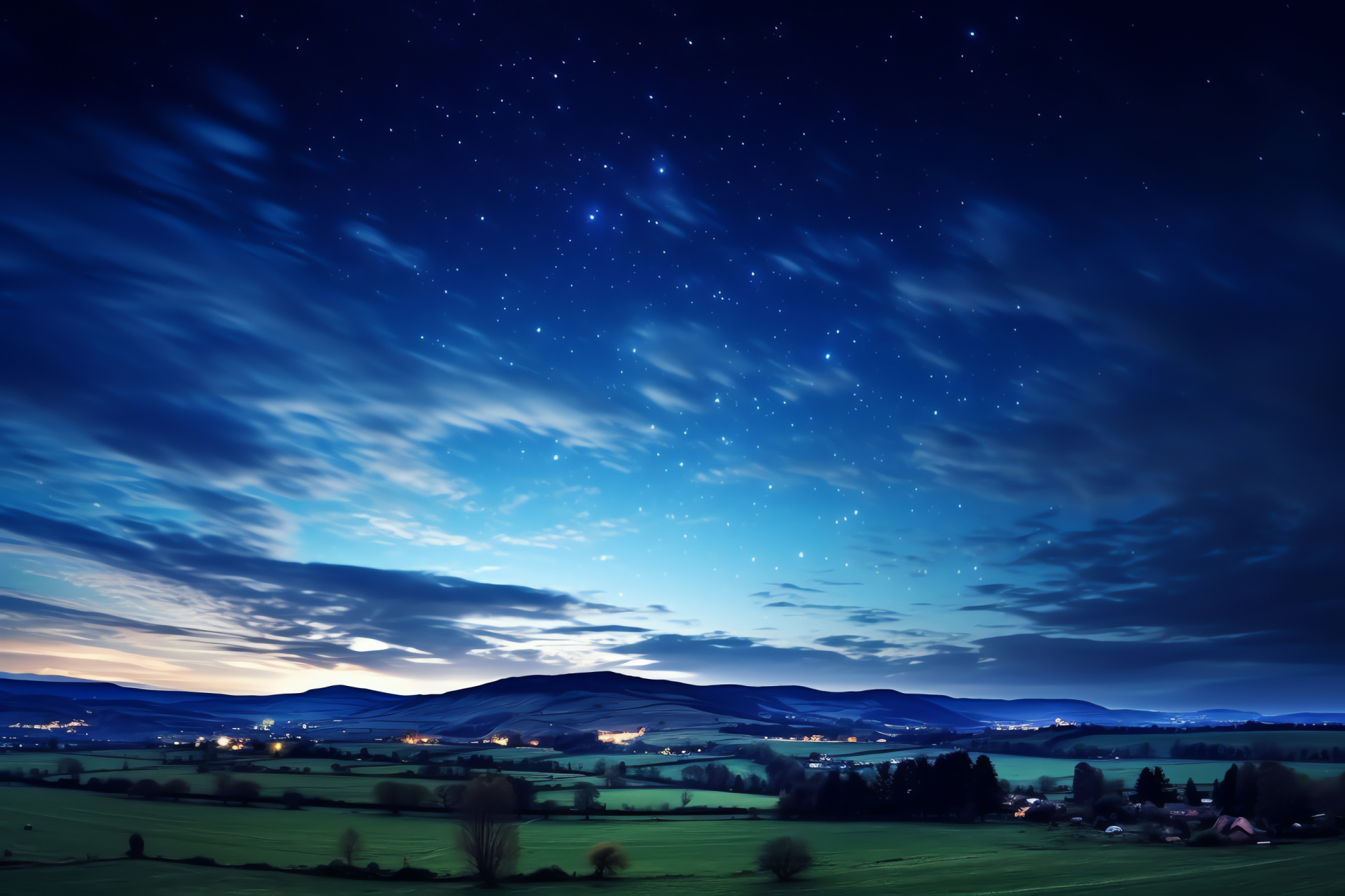 Nocturnal sky, Star-speckled expanse, Country twilight, Nighttime serenity, Purple-skied horizon, HD Desktop Image