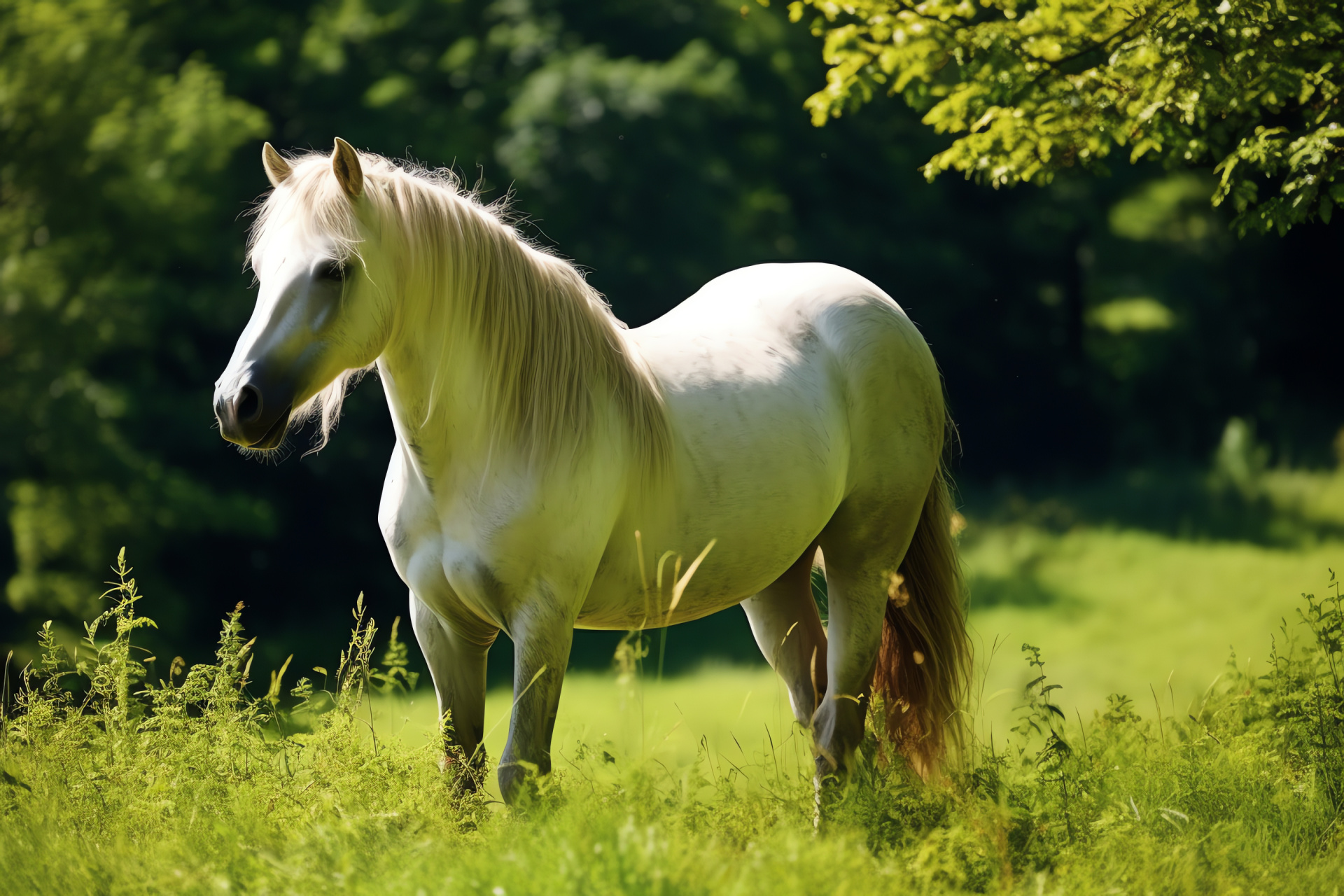 White Horse, pastoral grazer, equine portrait, verdant backdrop, natural elegance, HD Desktop Wallpaper