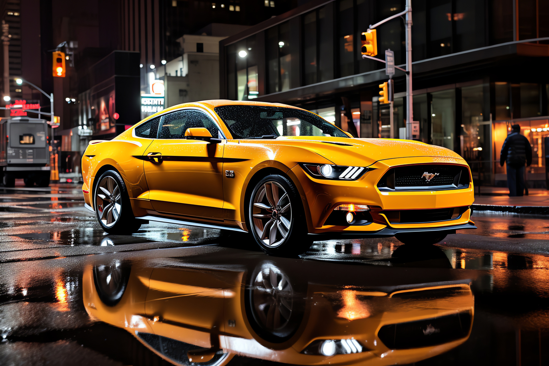 Mustang HD in NYC, Urban landscape integration, Iconic yellow taxi fleet, High-rise building panorama, Modern design elements, HD Desktop Wallpaper