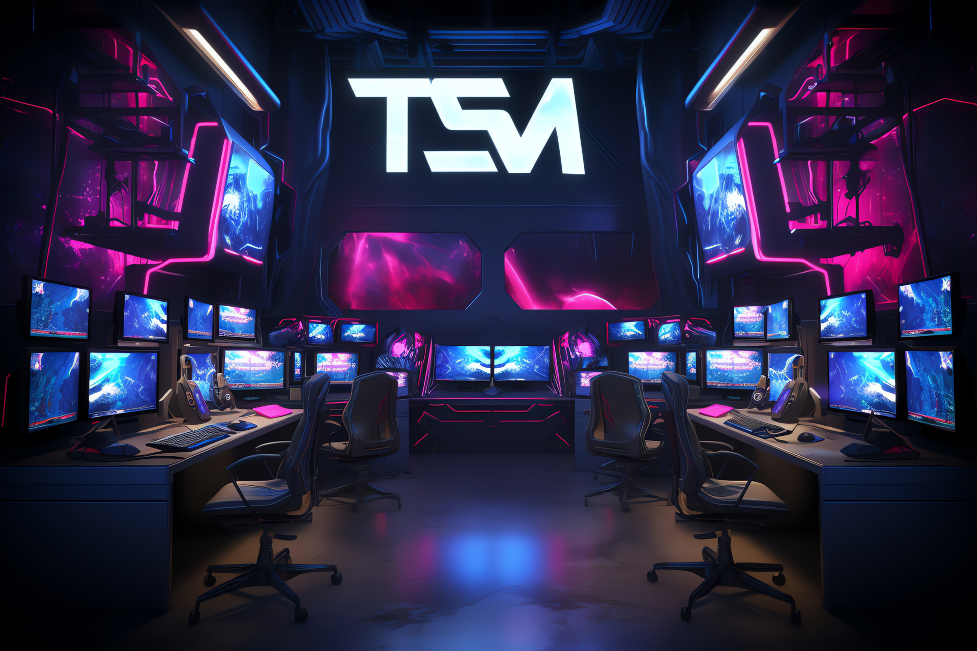 TSM eSports organization, Competitive gaming studio, Modern neon illumination, Advanced gaming PCs, Gamer lifestyle, HD Desktop Image