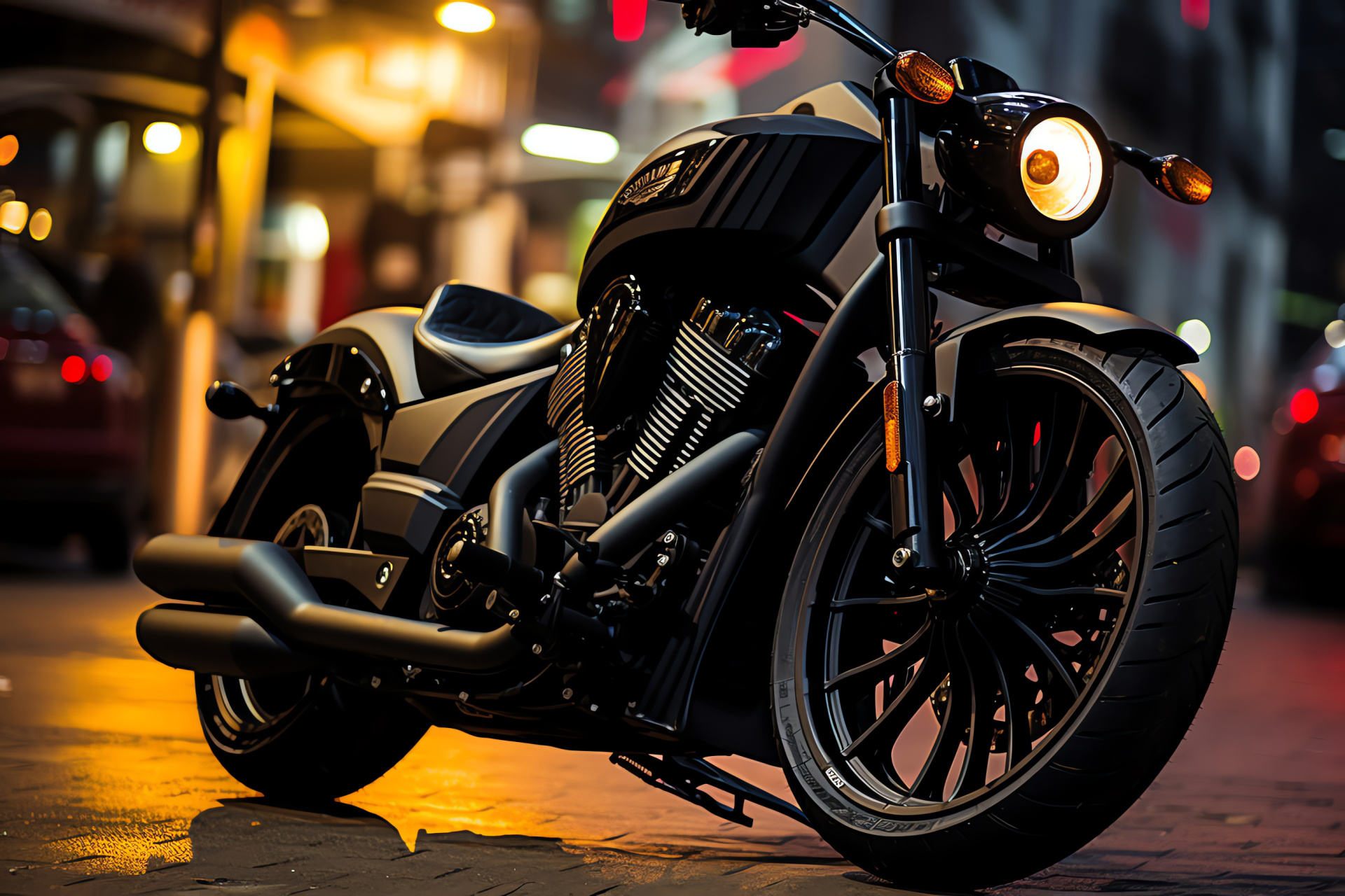 Victory Hammer 8-Ball, Bangkok city scene, Matte black motorcycle, Custom rider style, Sporty design, HD Desktop Image