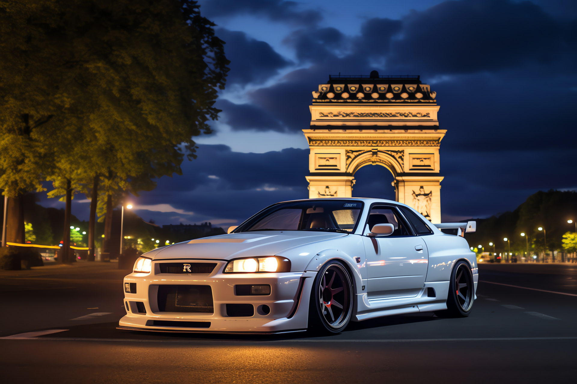 Nissan Skyline GTR R33, French capital, Prestigious monument, Automotive photography, Tourist destination, HD Desktop Image