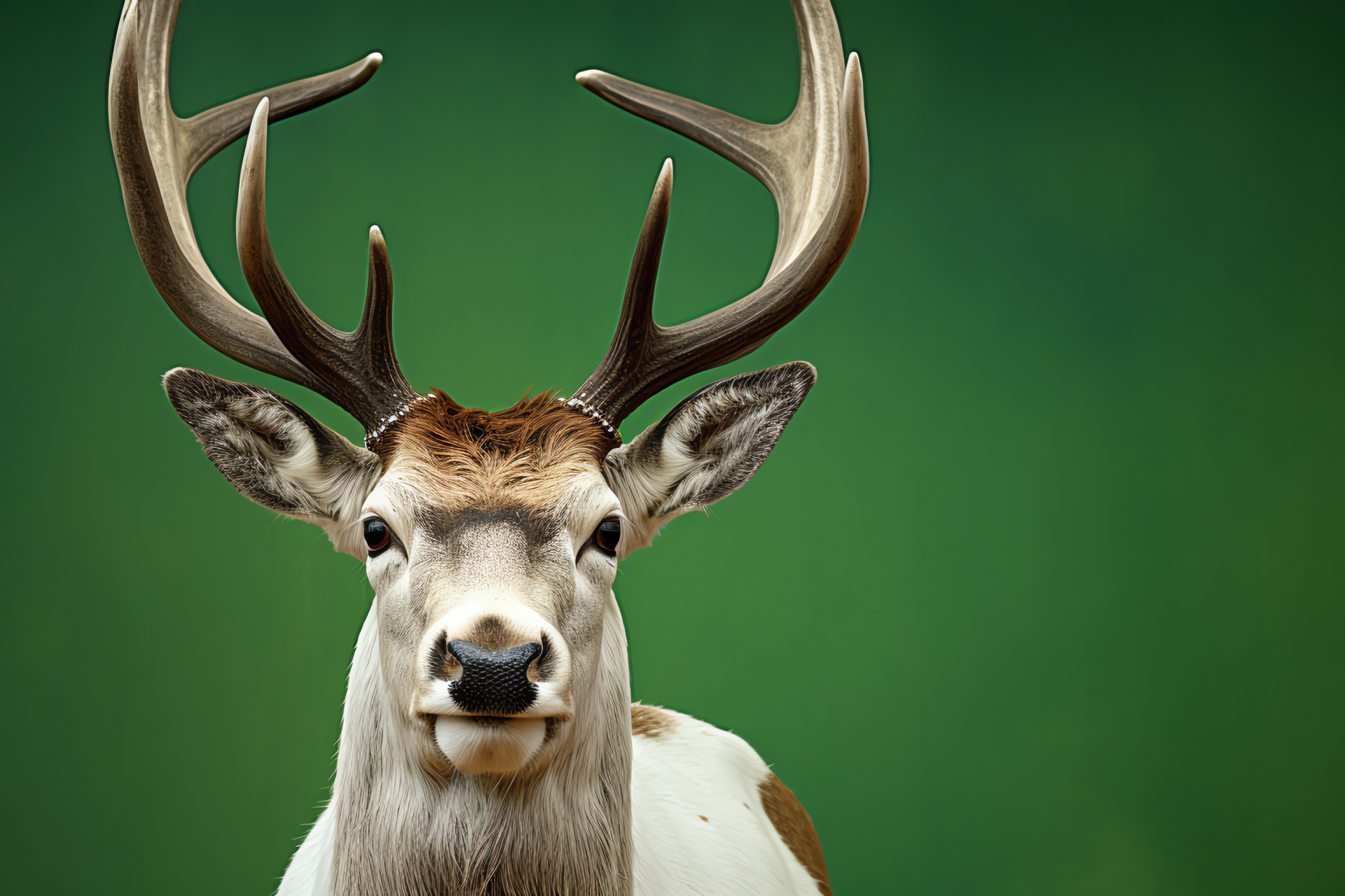 Reindeer close-up, Green-white backdrop, Inquisitive deer, Animal portrait, Protective antlers, HD Desktop Image