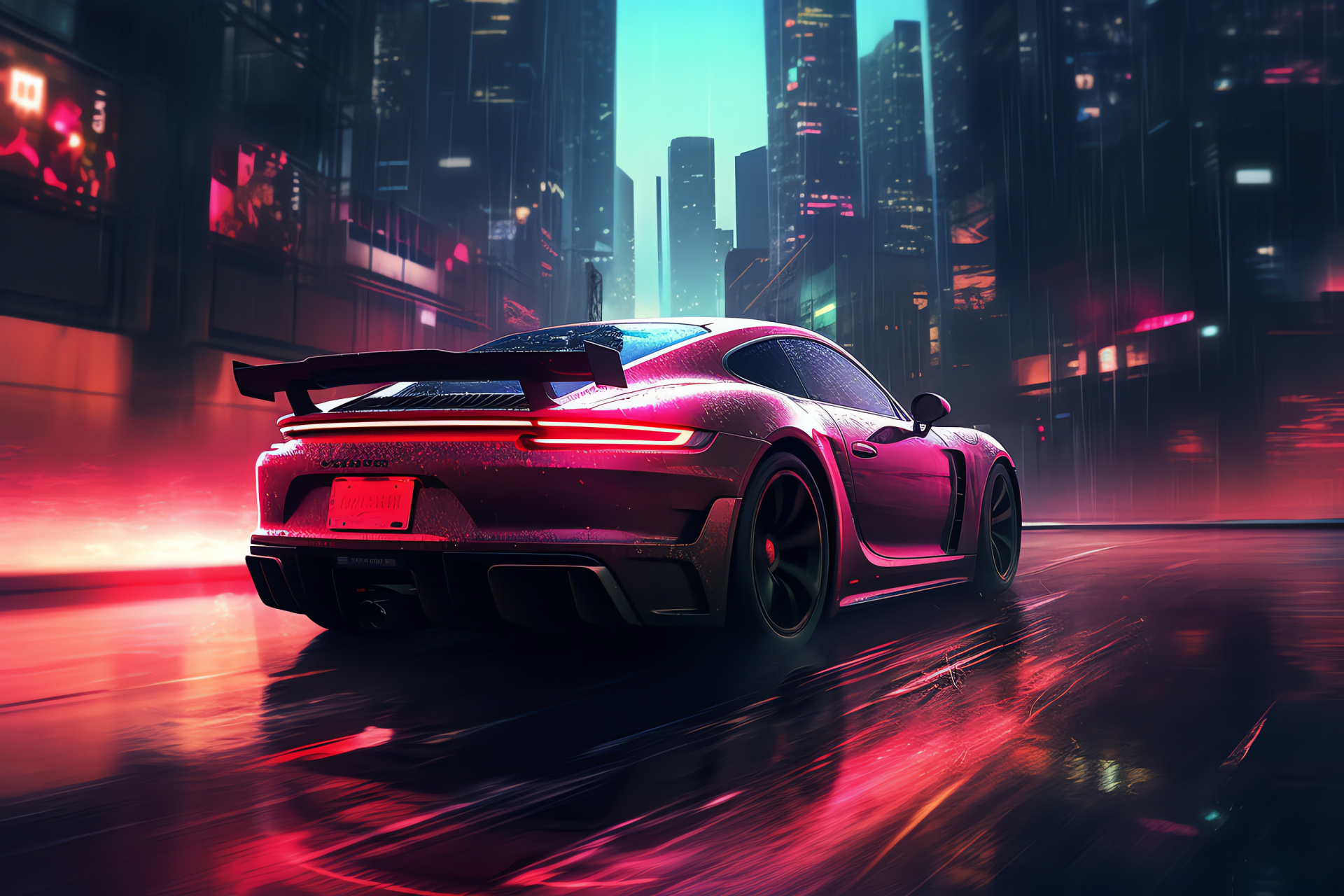 Porsche 718 Cayman GT4, Urban racing aesthetic, City of neon lights, High-performance vehicle, Modern cityscape, HD Desktop Image