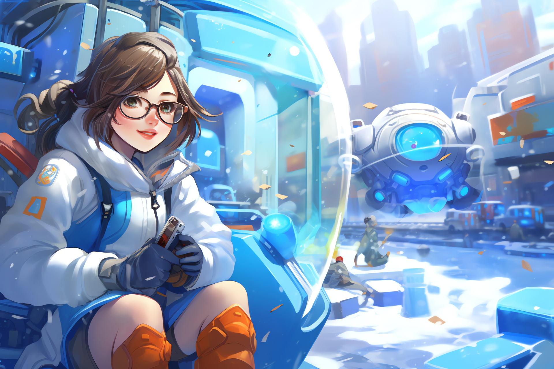 Overwatch Mei, Oasis map, survival tactic, sci-fi architecture, aerial vehicles, HD Desktop Wallpaper