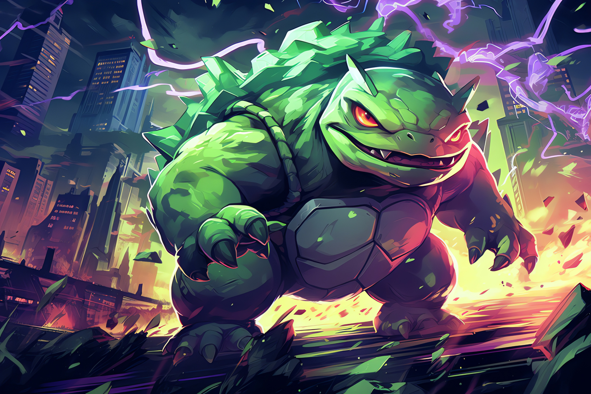 Torterra rampage, Sinnoh starter Pokmon, Island guardian, Urban environment, Defense position, HD Desktop Wallpaper