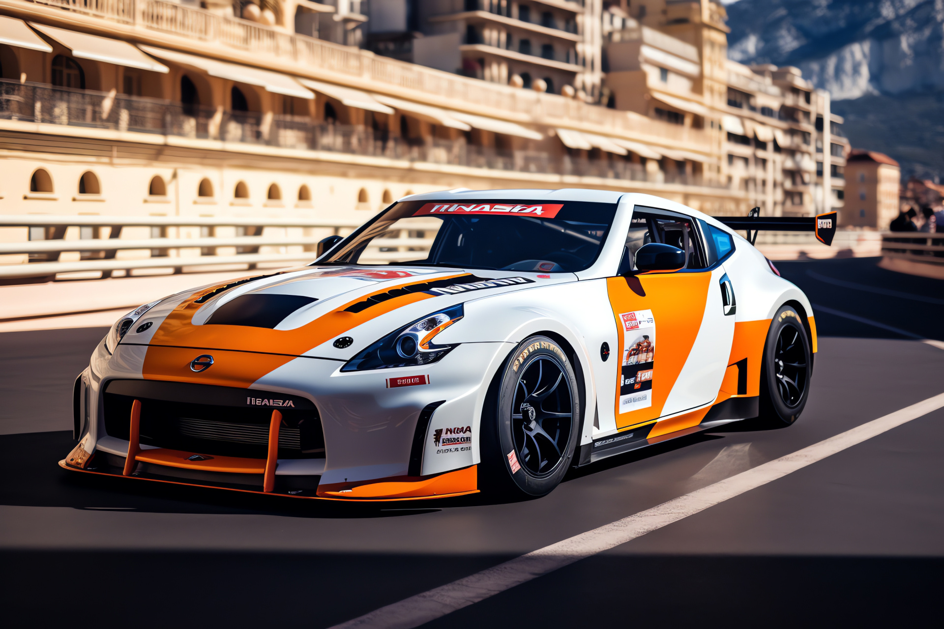 370Z GT4 racer, Monaco circuit icon, Aggressive race kit, Motorsport livery, High-performance Z model, HD Desktop Wallpaper