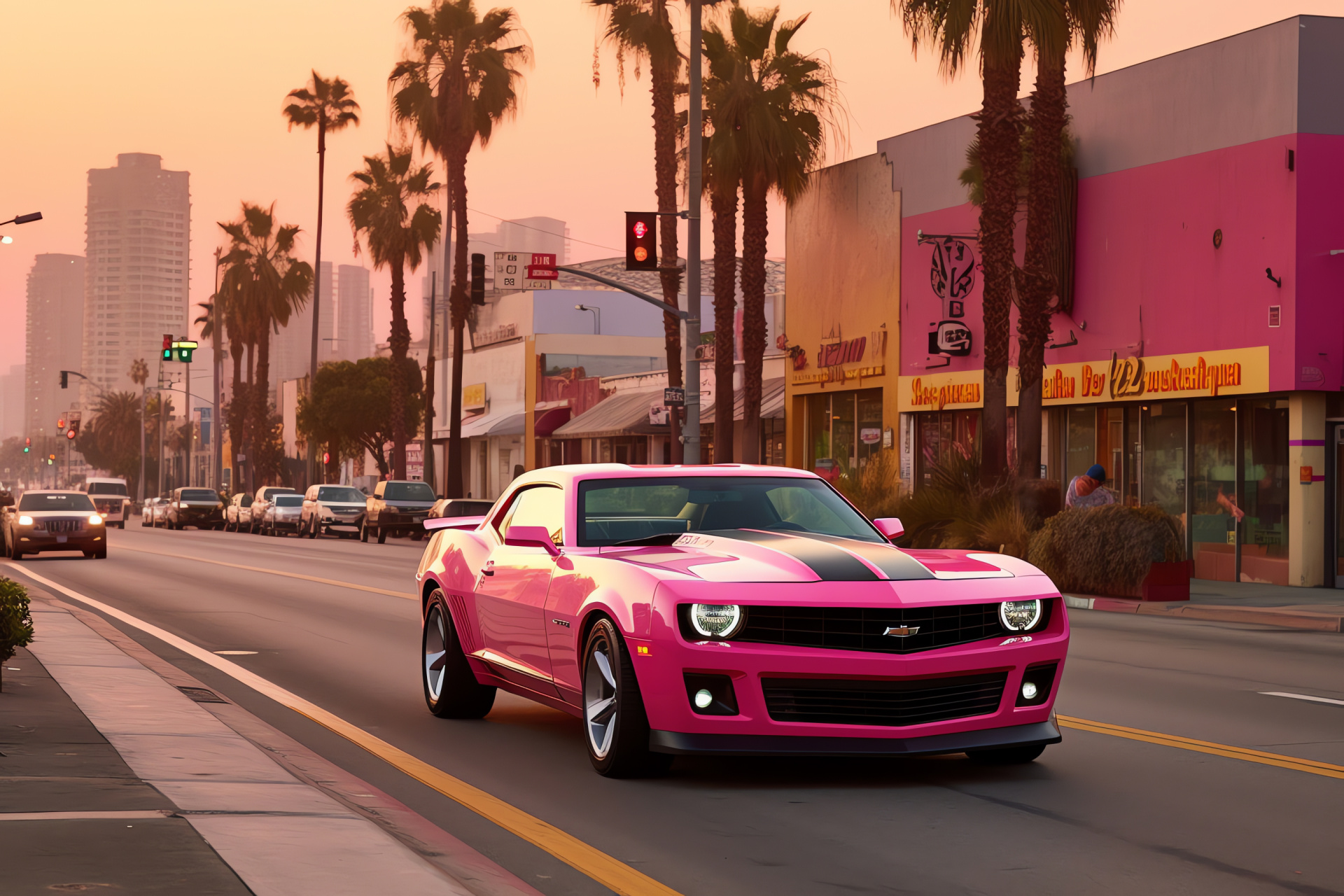 Magenta Chevrolet Camaro, LA's iconic boulevard, Twilight atmosphere, Tropical flora, Commercial signs, HD Desktop Wallpaper