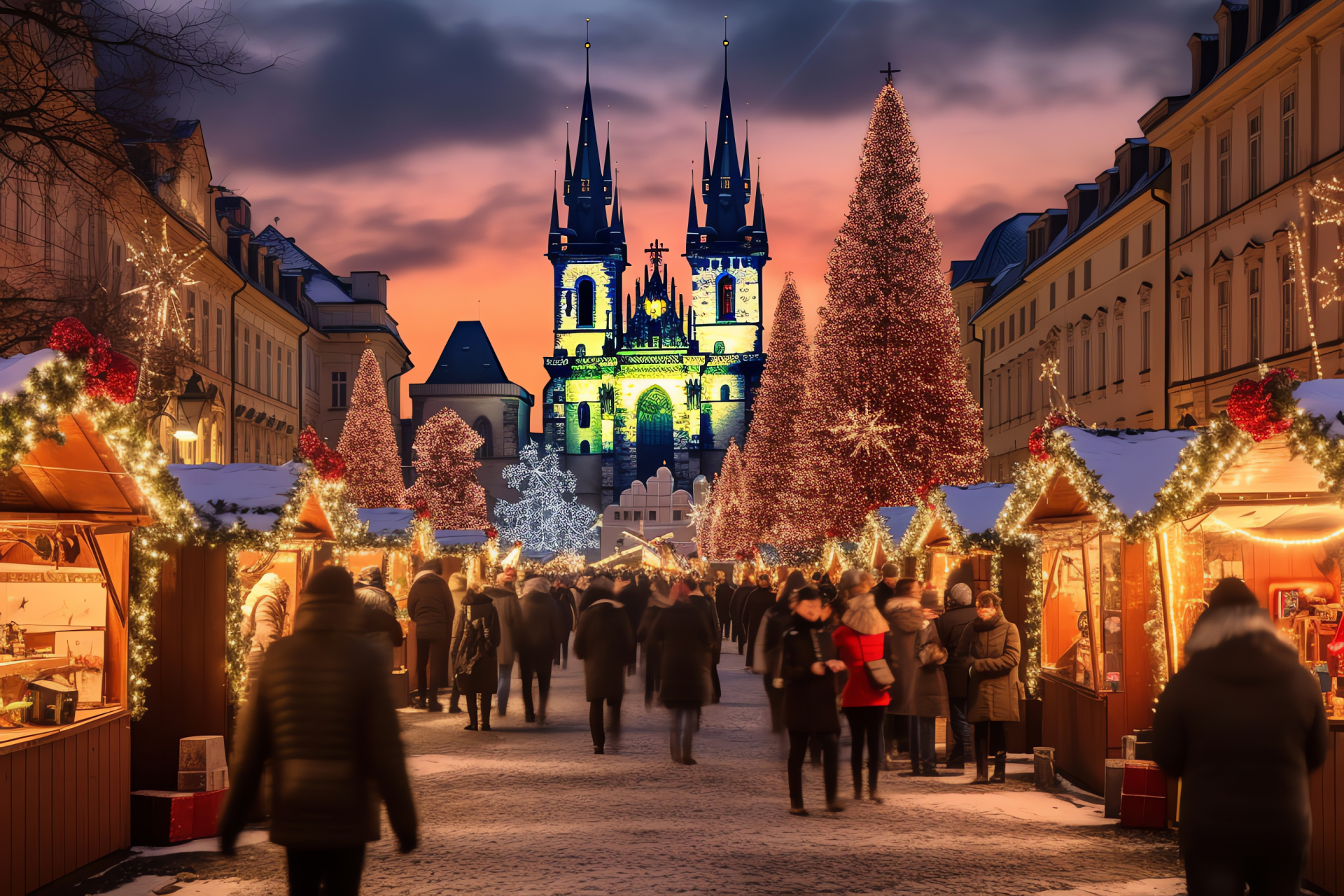 Old Town Square holiday, Prague Solstice ambiance, Christmas booths allure, Czech capital's season, Winter market charm, HD Desktop Wallpaper