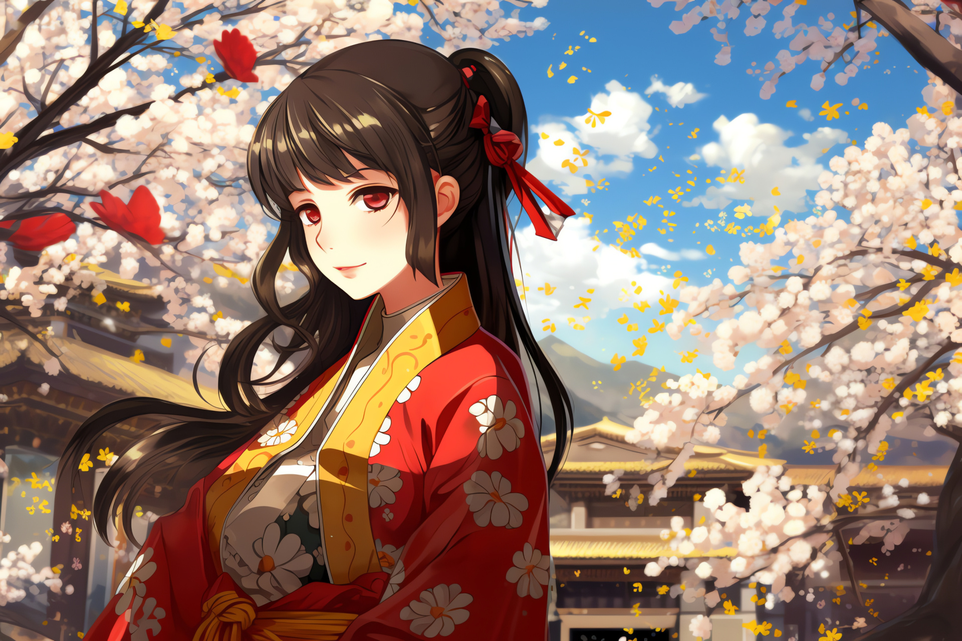 Yukiko Amagi, Sakura blossoms, Academy backdrop, Outdoor scene, Social simulation, HD Desktop Wallpaper