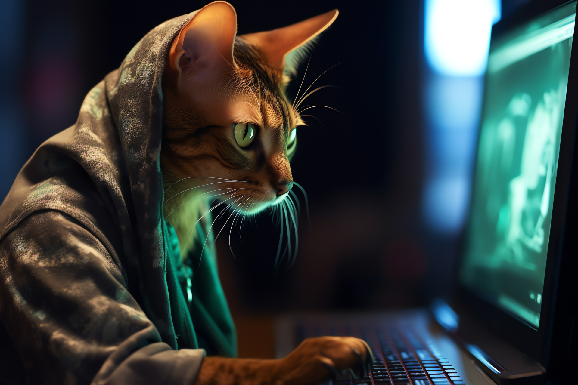 Abyssinian cat attention, Feline gaze, Cyber aesthetics, Urban pet life, Striking coat pattern, HD Desktop Wallpaper