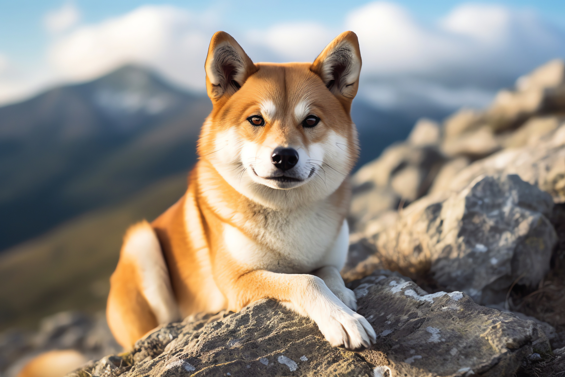 Aged Shiba Inu, Gentle gaze, Ivory fur hues, Alpine terrain exposition, Canine tranquility, HD Desktop Image